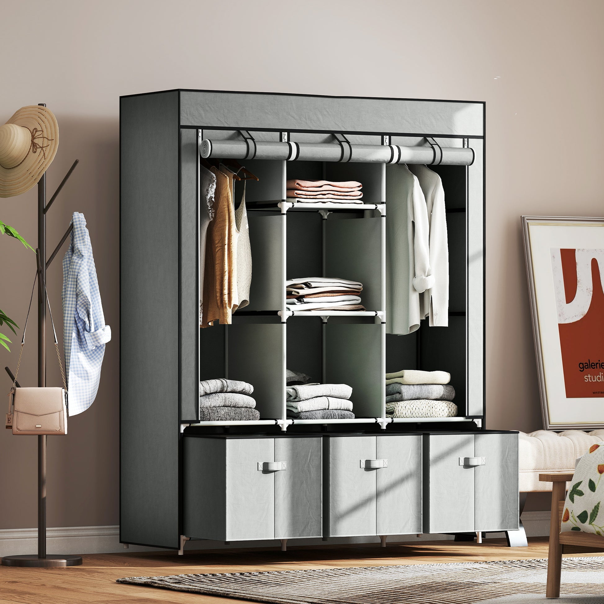 Fabric Wardrobe with Clothes Rail, Drawers, Zipper Folding Wardrobe for Bedroom, Dressing Room, 125 x 43 x 162.5 cm, Light Grey