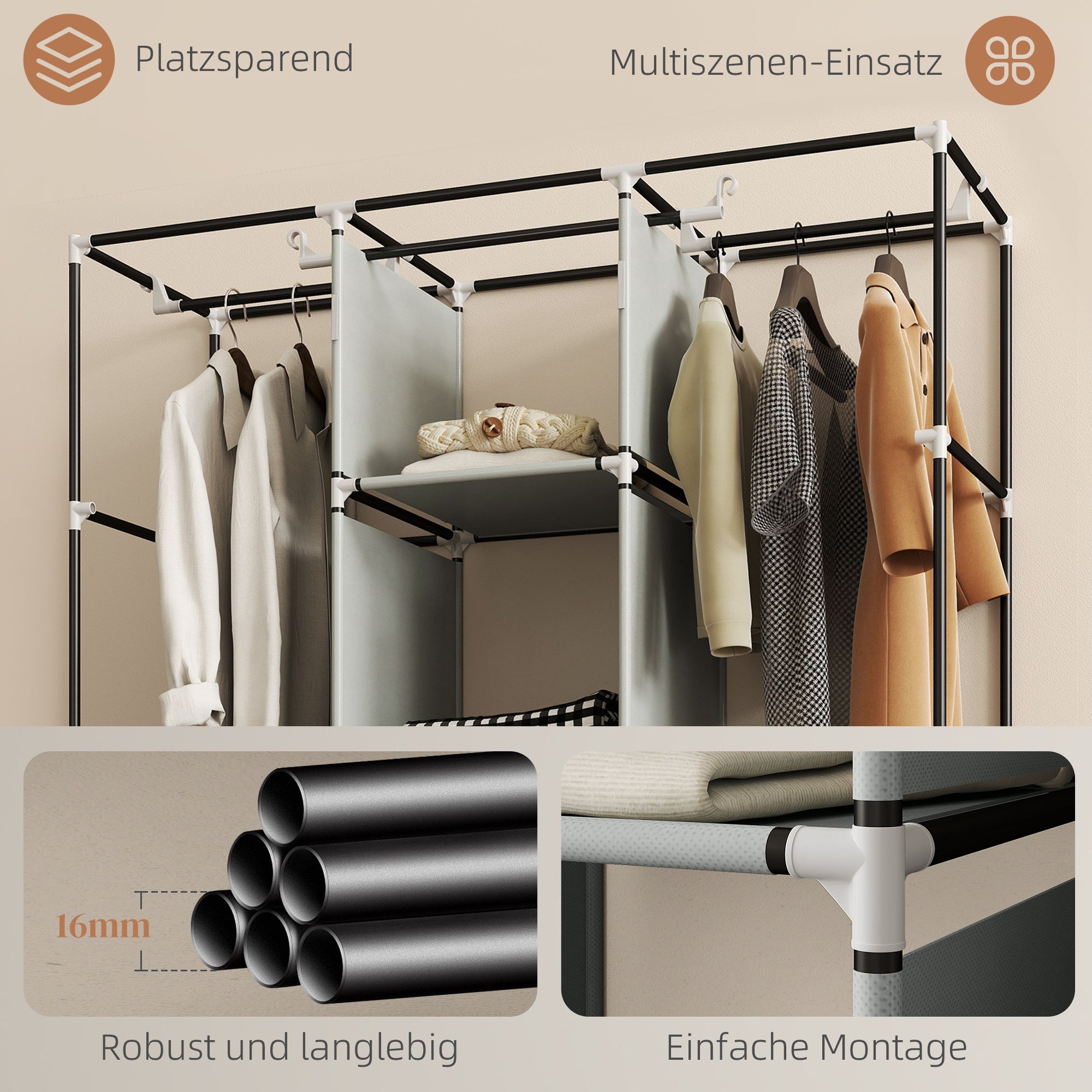 Fabric Wardrobe with Clothes Rail, Drawers, Zipper Folding Wardrobe for Bedroom, Dressing Room, 125 x 43 x 162.5 cm, Light Grey