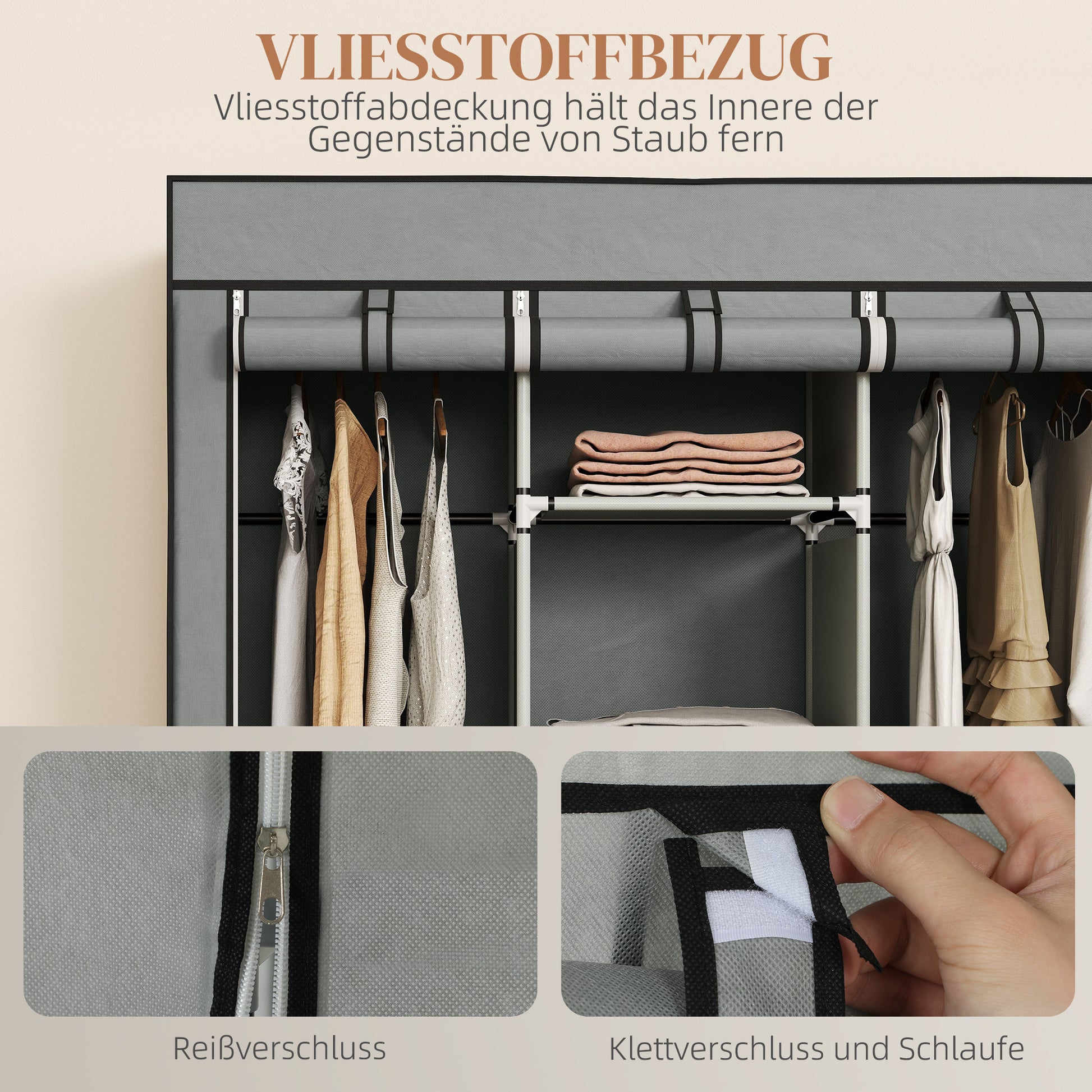 Fabric Wardrobe with Clothes Rail, Drawers, Zipper Folding Wardrobe for Bedroom, Dressing Room, 125 x 43 x 162.5 cm, Light Grey