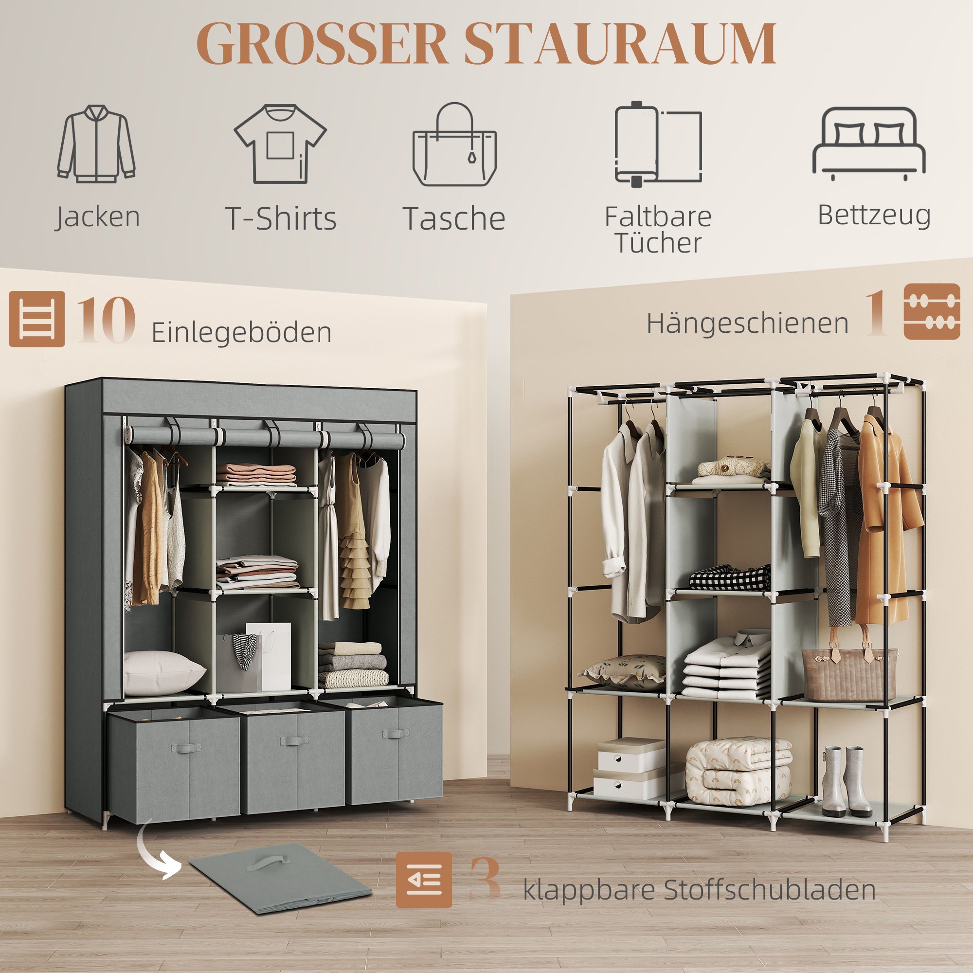 Fabric Wardrobe with Clothes Rail, Drawers, Zipper Folding Wardrobe for Bedroom, Dressing Room, 125 x 43 x 162.5 cm, Light Grey