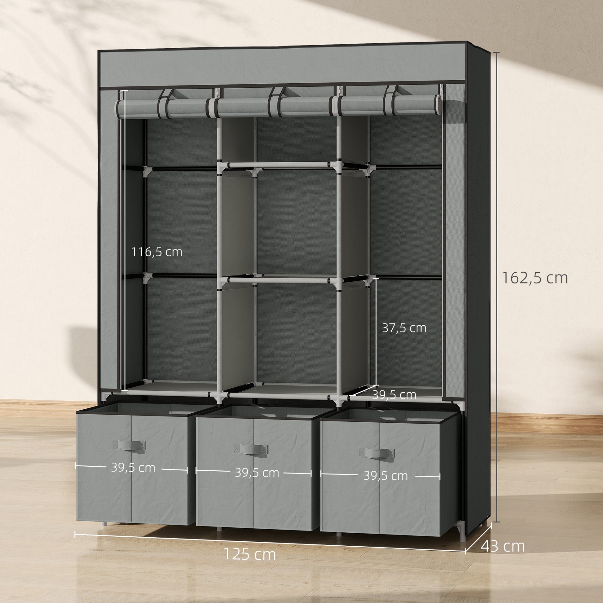 Fabric Wardrobe with Clothes Rail, Drawers, Zipper Folding Wardrobe for Bedroom, Dressing Room, 125 x 43 x 162.5 cm, Light Grey