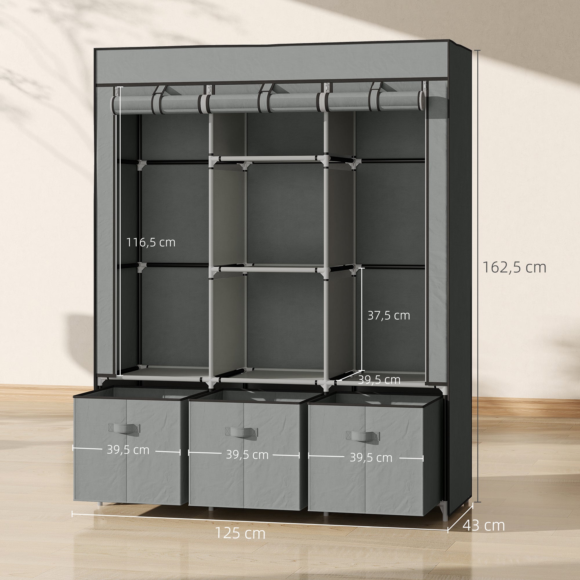 Fabric Wardrobe with Clothes Rail, Drawers, Zipper Folding Wardrobe for Bedroom, Dressing Room, 125 x 43 x 162.5 cm, Light Grey