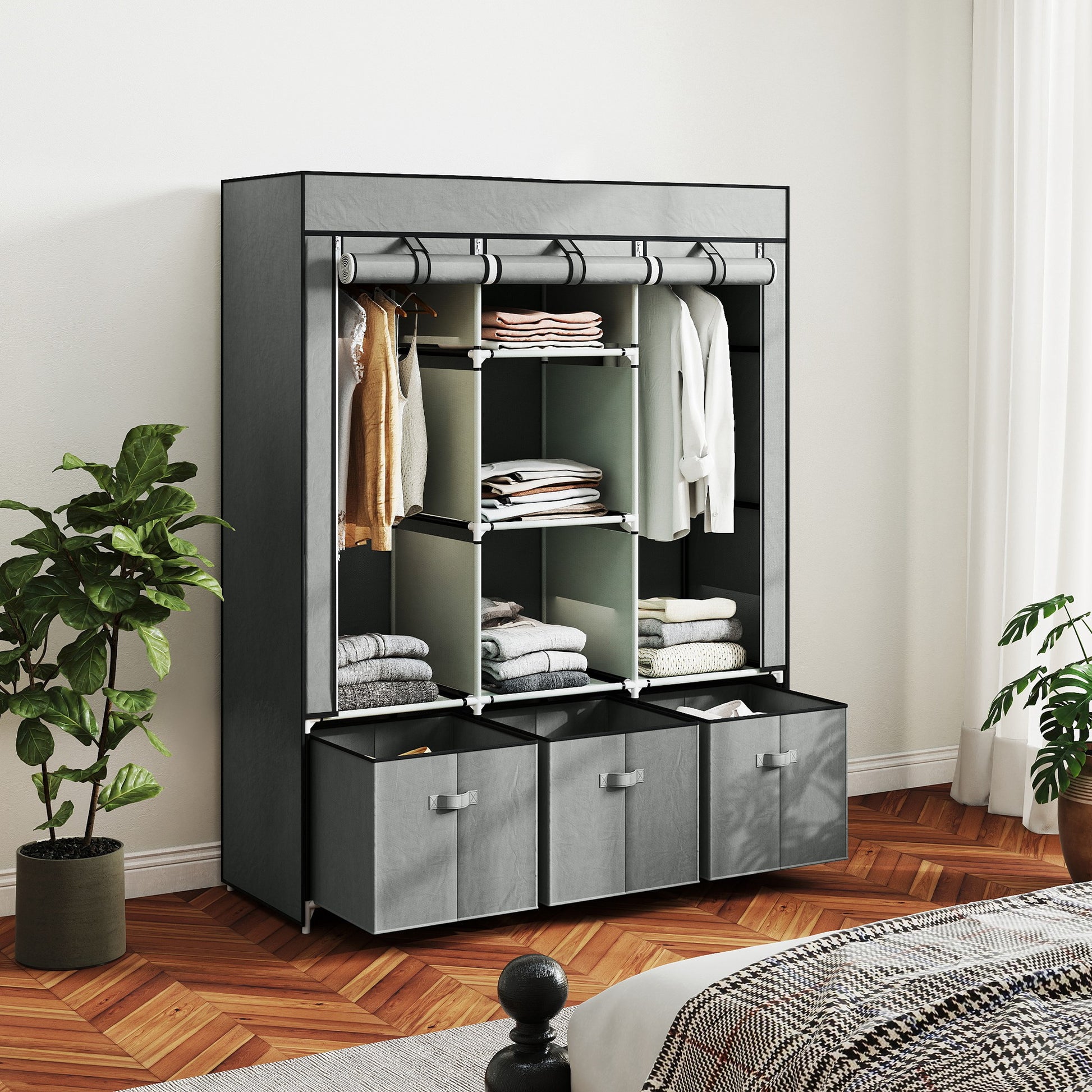 Fabric Wardrobe with Clothes Rail, Drawers, Zipper Folding Wardrobe for Bedroom, Dressing Room, 125 x 43 x 162.5 cm, Light Grey