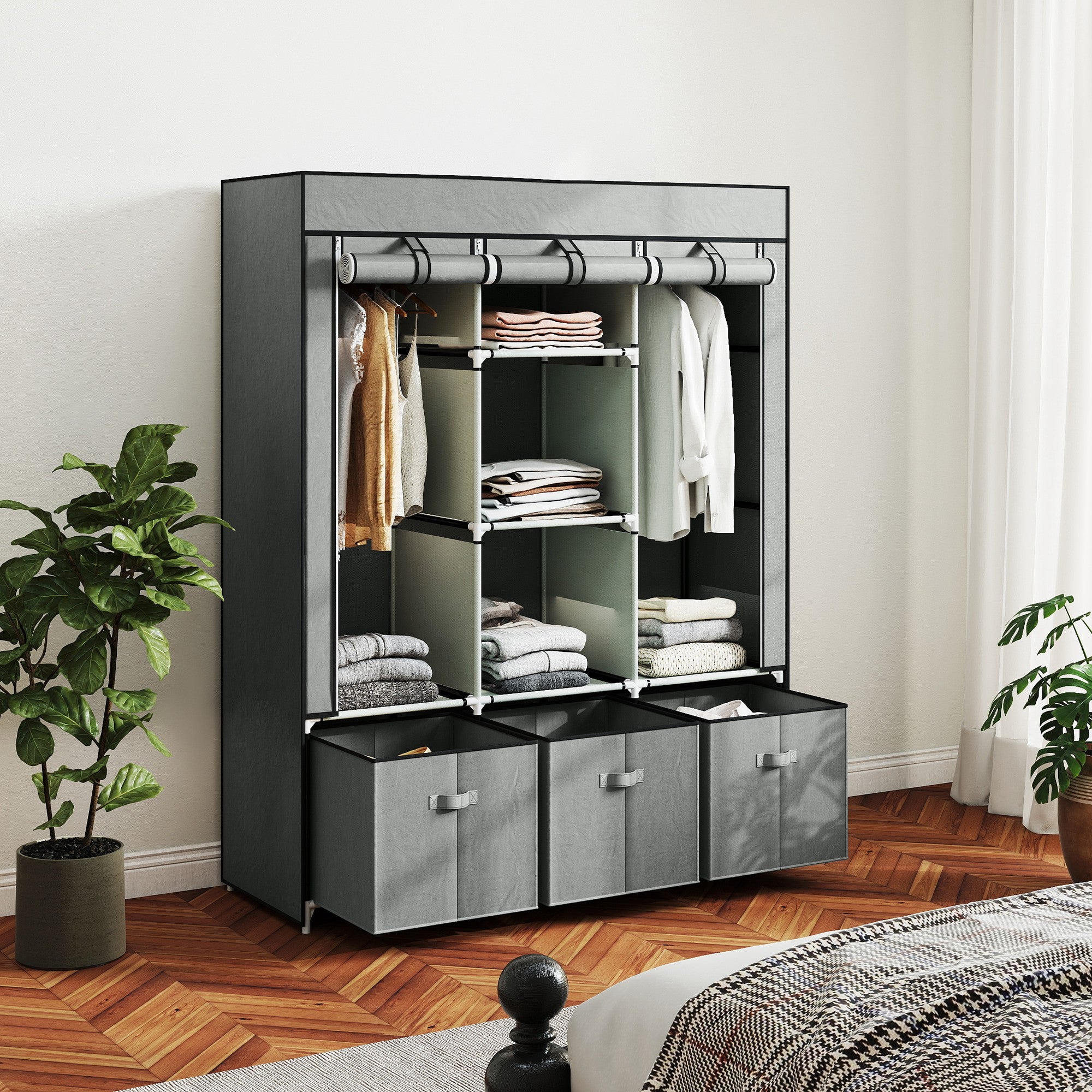 Fabric Wardrobe with Clothes Rail, Drawers, Zipper Folding Wardrobe for Bedroom, Dressing Room, 125 x 43 x 162.5 cm, Light Grey