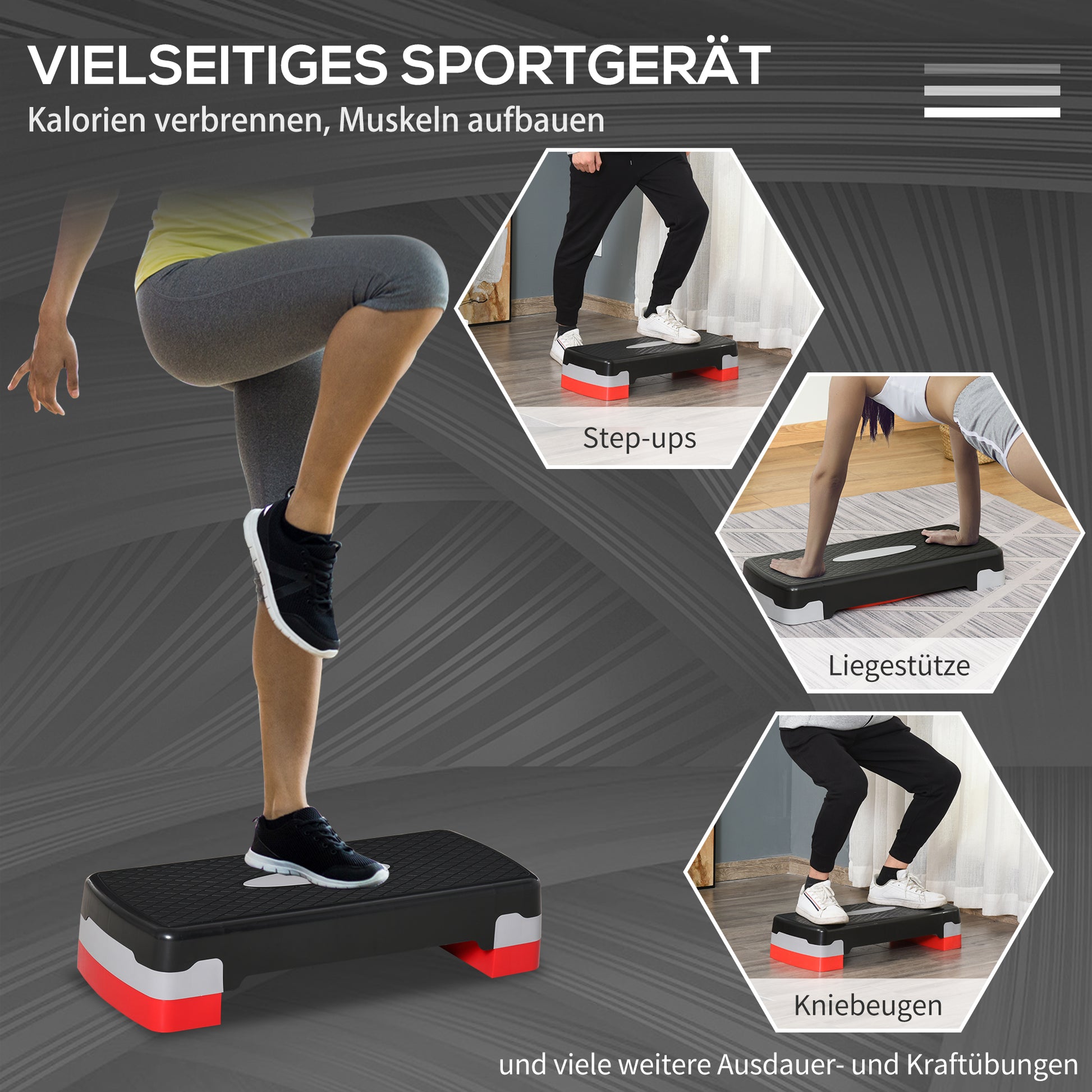 Step Board Aerobic Fitness Home Trainer Stepper 2-step height adjustable (10/15 cm) suitable for home and office use Black+Gray+Red 68 x 29 x 15 cm