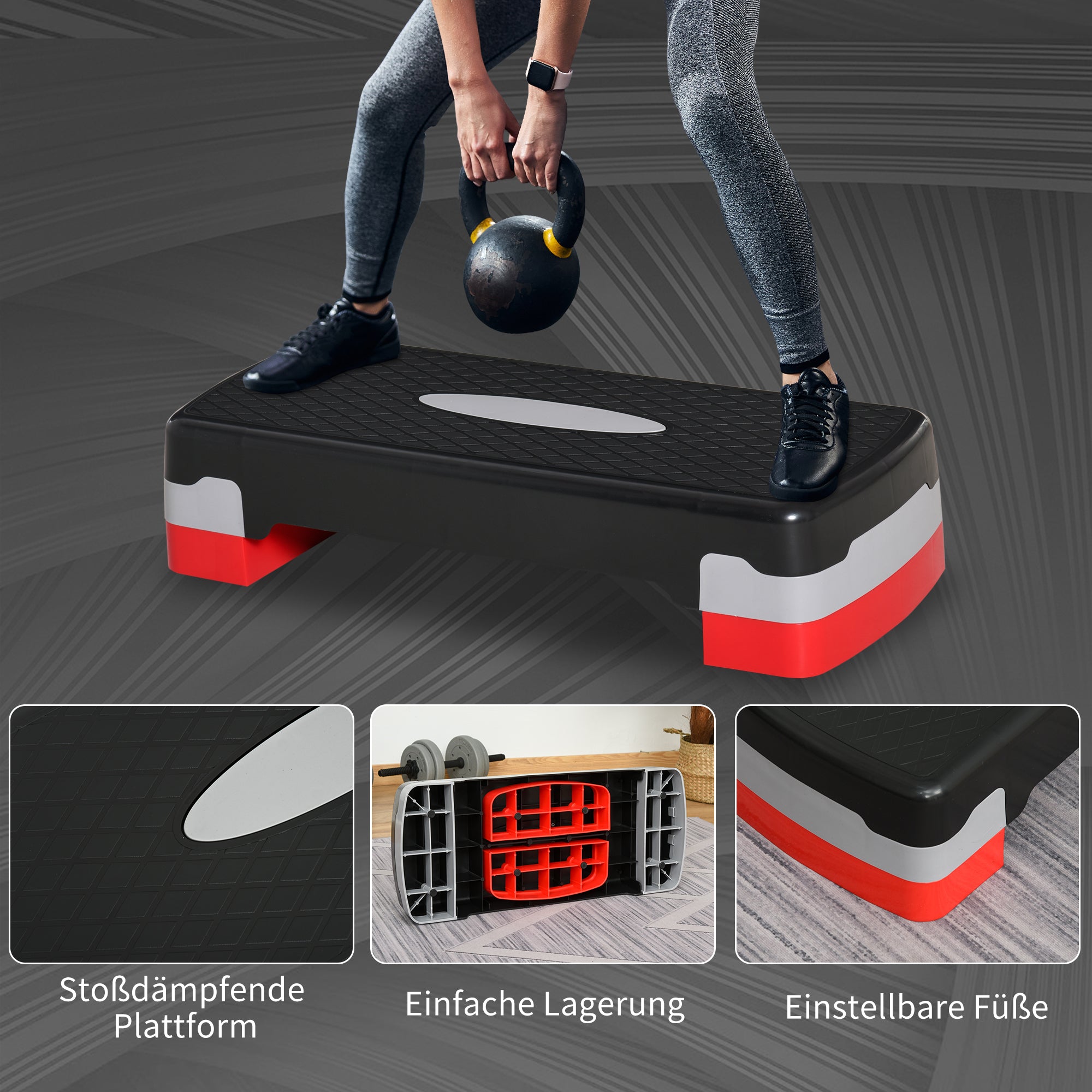 Step Board Aerobic Fitness Home Trainer Stepper 2-step height adjustable (10/15 cm) suitable for home and office use Black+Gray+Red 68 x 29 x 15 cm