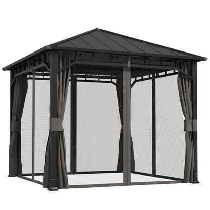 3 x 3 m Waterproof Garden Gazebo — Galvanized Metal Hardtop, Curtains & Mosquito Net, Ceiling Hook, Dark Gray