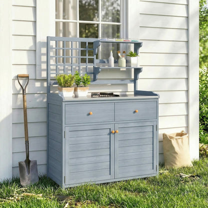 Light Gray Outdoor Potting Bench with Cabinet & Galvanized Worktop, 2 Drawers — 104 x 44 x 140 cm (41 x 17.3 x 55.1 in)