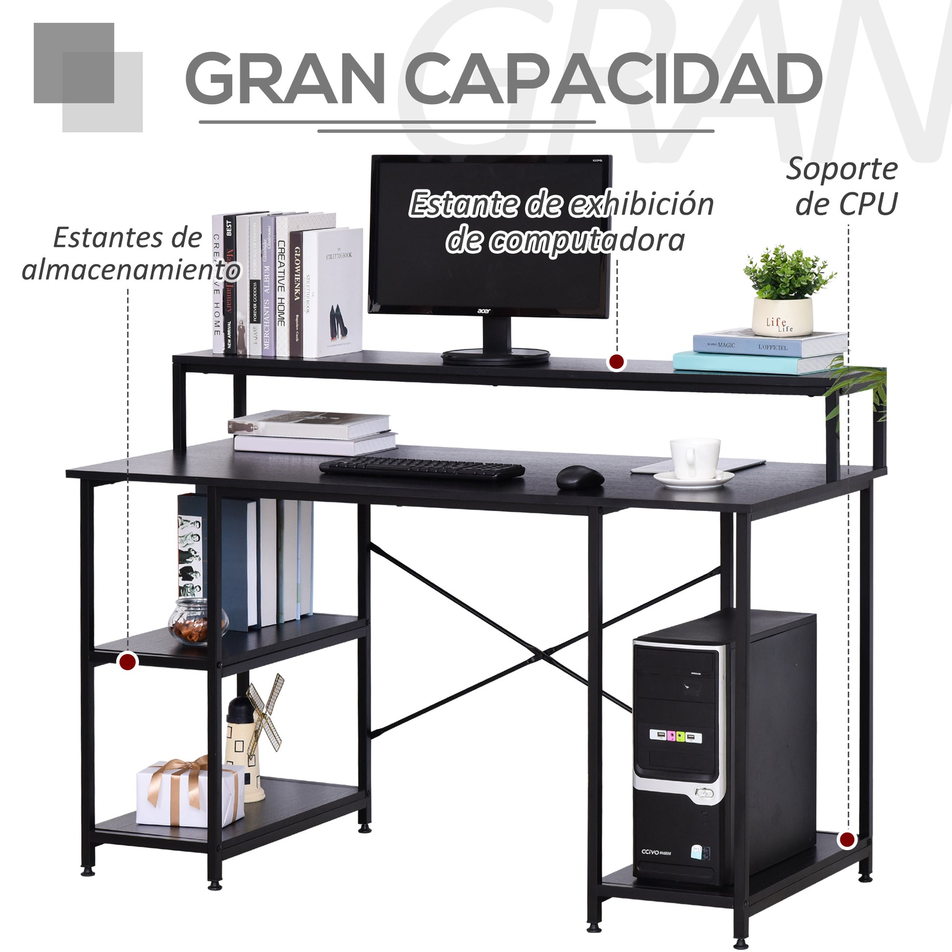 Computer Desk Office Study Desk with 3 Shelves Top Table Legs with Adjustable Non-Slip Pads Metallic Frame 140x60x93 cm Black