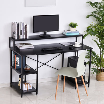 Computer Desk Office Study Desk with 3 Shelves Top Table Legs with Adjustable Non-Slip Pads Metallic Frame 140x60x93 cm Black