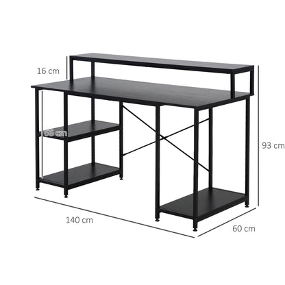 Computer Desk Office Study Desk with 3 Shelves Top Table Legs with Adjustable Non-Slip Pads Metallic Frame 140x60x93 cm Black
