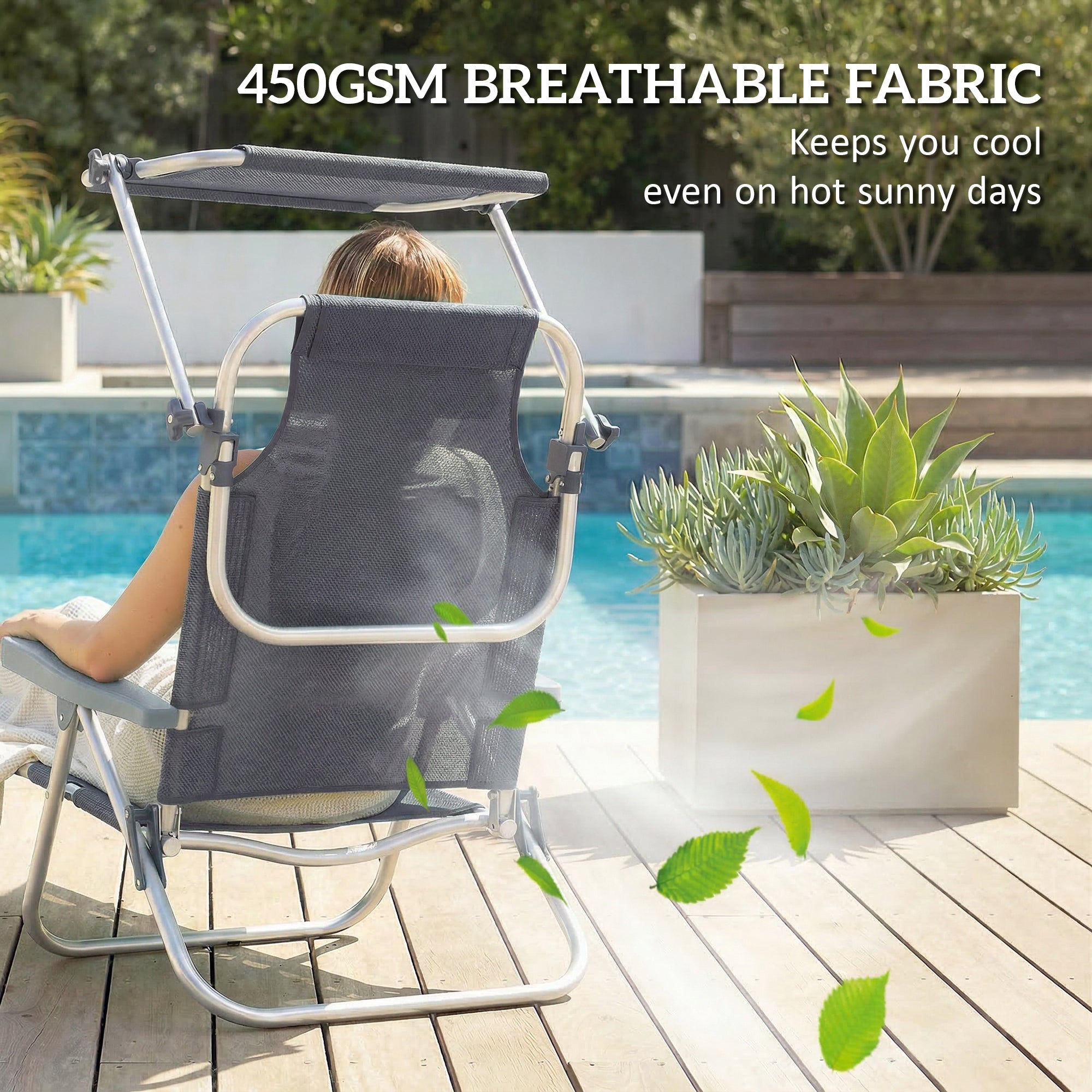 Folding Sun Lounger with Head Cushion & Adjustable Canopy, 6-Position Reclining Backrest, Camping/Garden Chair, Holds up to 265 lb (120 kg) – Dark Gray