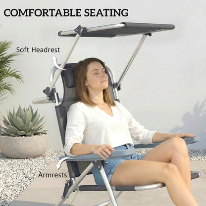 Folding Sun Lounger with Head Cushion & Adjustable Canopy, 6-Position Reclining Backrest, Camping/Garden Chair, Holds up to 265 lb (120 kg) – Dark Gray