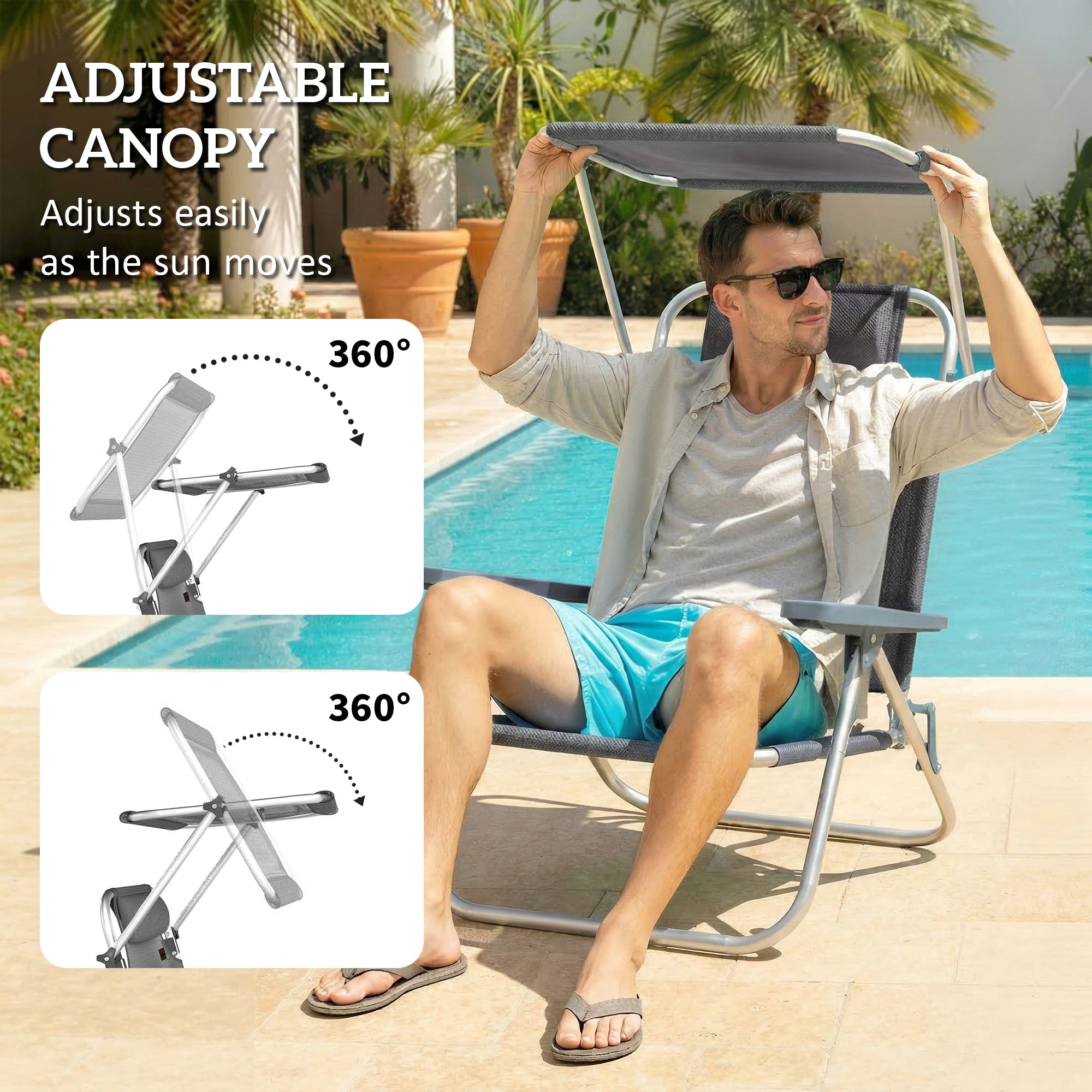 Folding Sun Lounger with Head Cushion & Adjustable Canopy, 6-Position Reclining Backrest, Camping/Garden Chair, Holds up to 265 lb (120 kg) – Dark Gray
