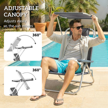 Folding Sun Lounger with Head Cushion & Adjustable Canopy, 6-Position Reclining Backrest, Camping/Garden Chair, Holds up to 265 lb (120 kg) – Dark Gray