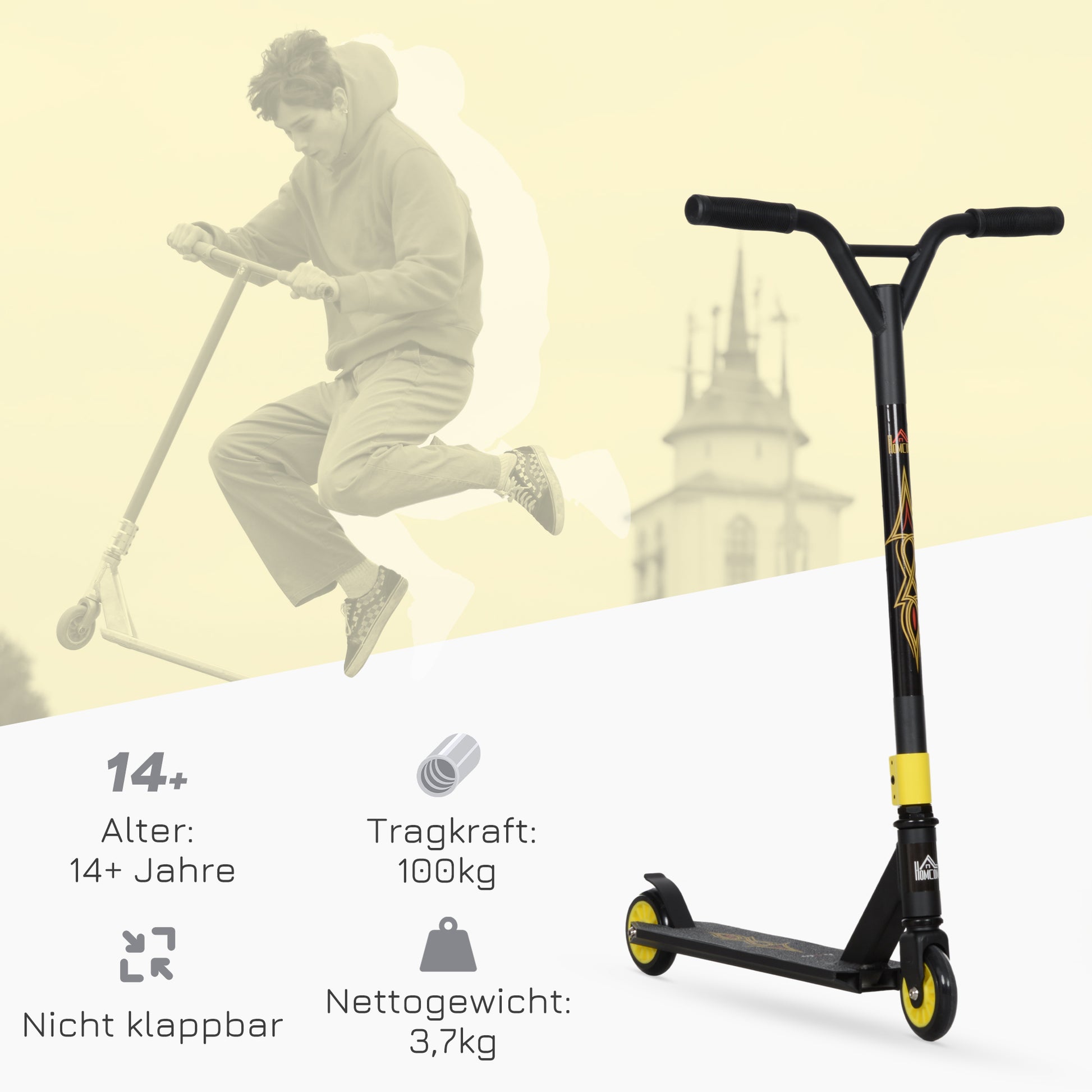 Stunt Scooter with 360° Steering, ABEC 9 Ball Bearings, 100mm Leather Wheels, Aluminum Stunt Scooter up to 100kg Capacity, Trick Roller Kick Scooter for Kids 14 Years and Up