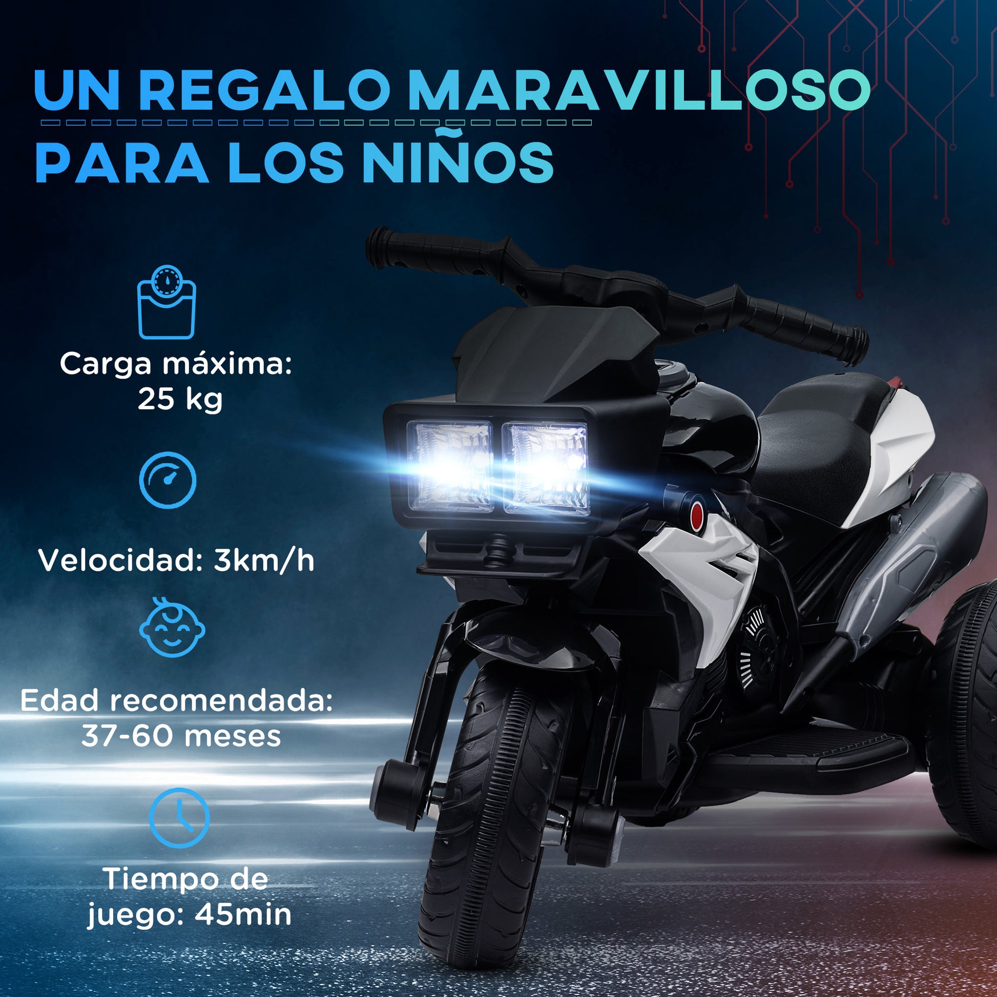 Electric Motorcycle for Kids 3+ Years 6V Battery-Powered Motorcycle with Lights Music Horn Wide Tires Kids Motorcycle with 3 km/h Speed Black