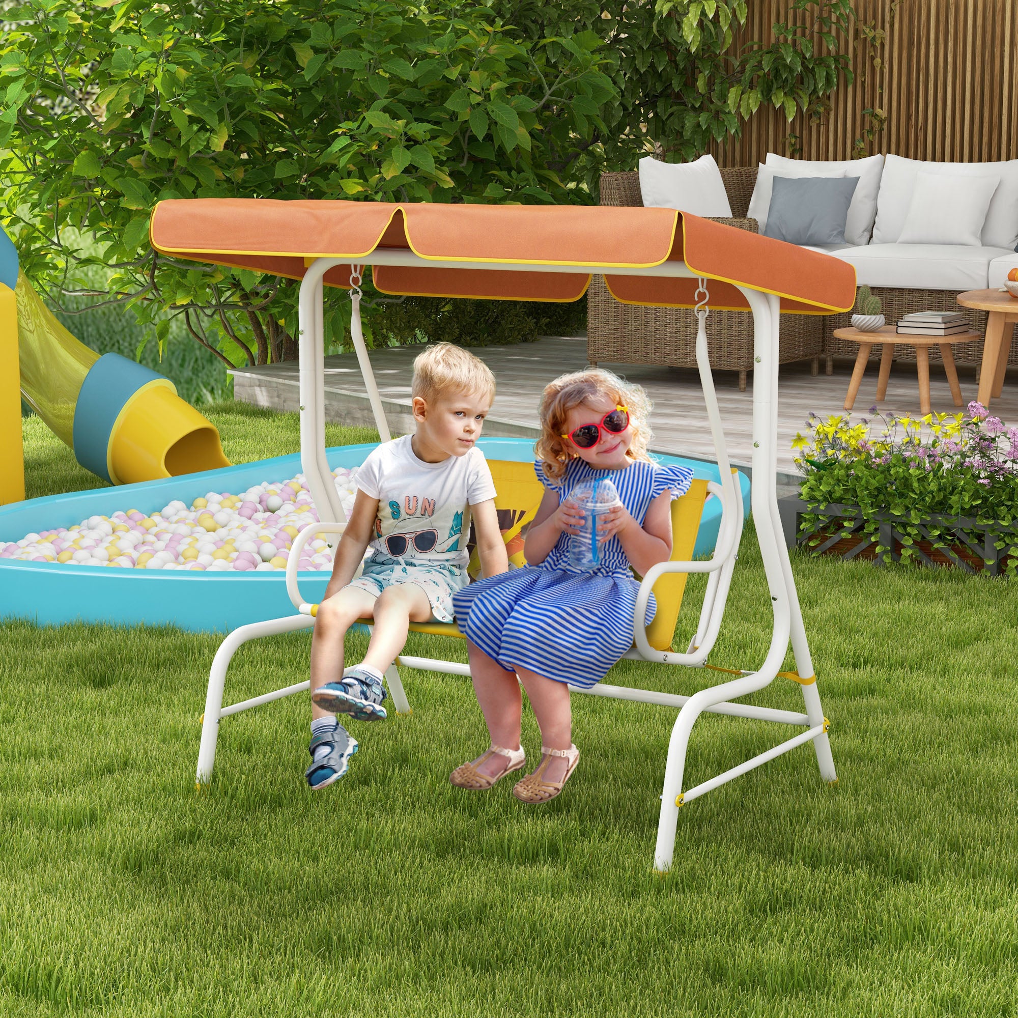 Garden Swing Children's Outdoor Swing with Lion Pattern Adjustable Canopy Load 60 kg 110x70x110 cm Yellow