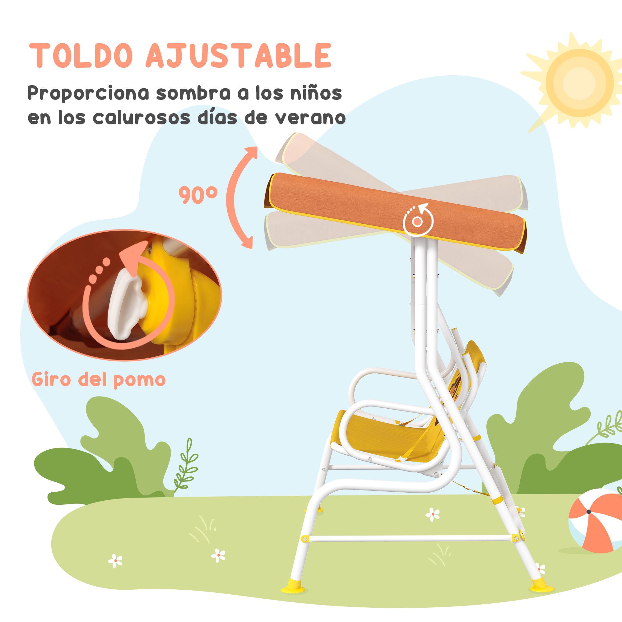Garden Swing Children's Outdoor Swing with Lion Pattern Adjustable Canopy Load 60 kg 110x70x110 cm Yellow