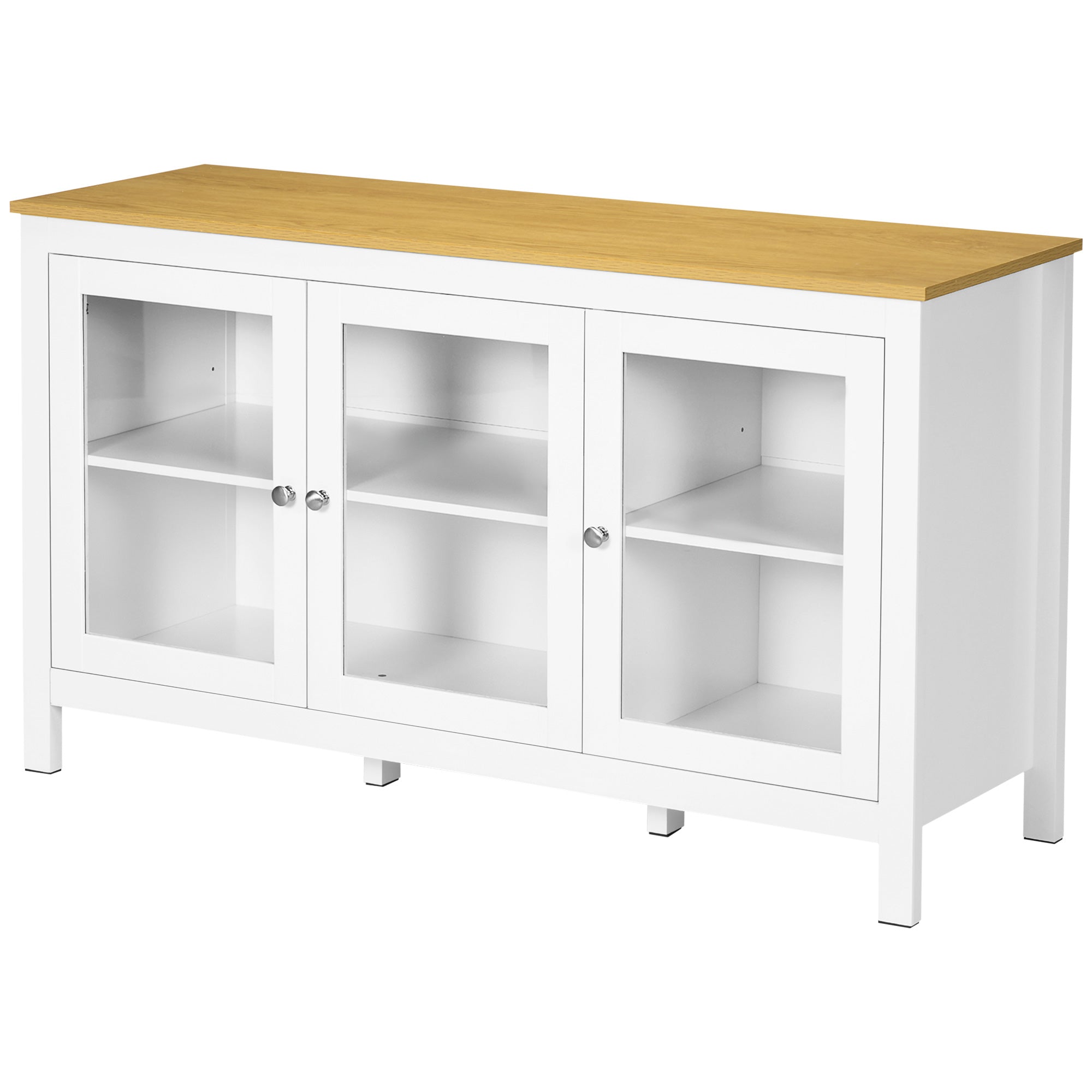 Buffet storage cabinet with 3 glass doors 2 adjustable shelves light wood effect top - 120 x 40 x 70 cm white