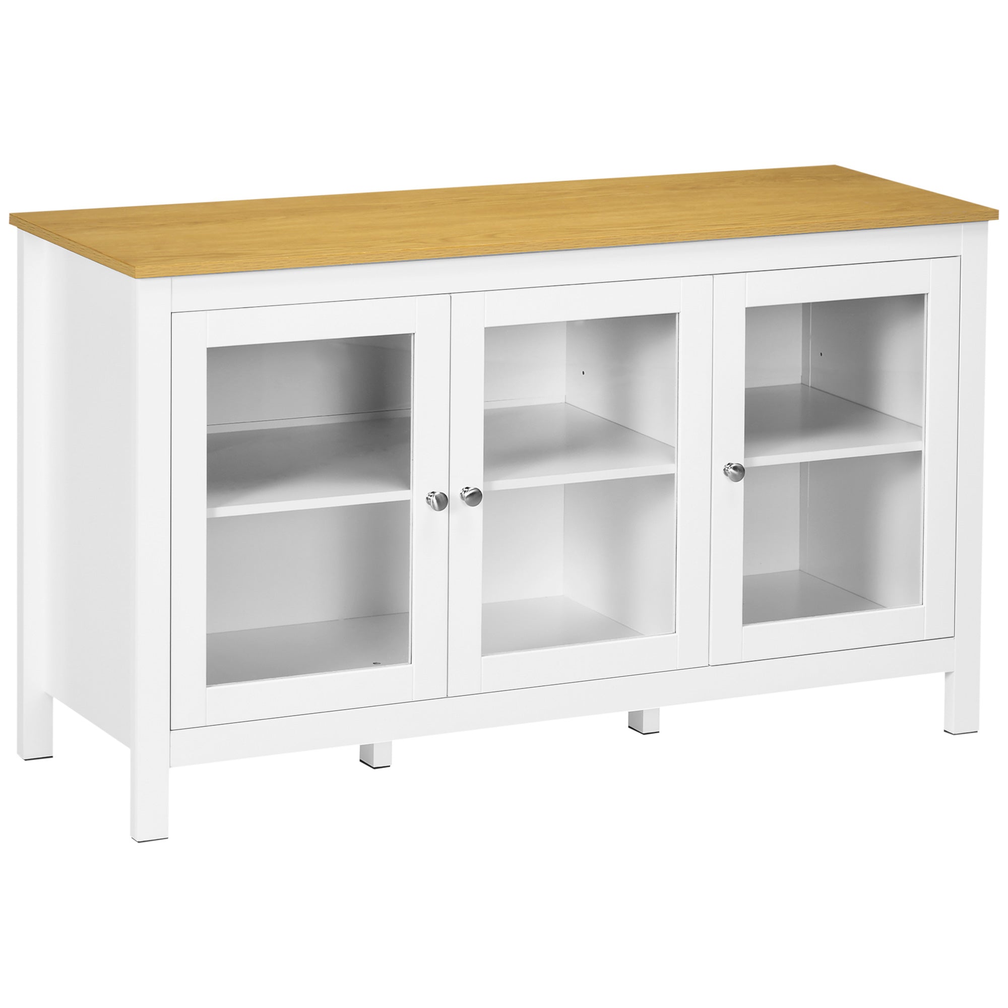 Buffet storage cabinet with 3 glass doors 2 adjustable shelves light wood effect top - 120 x 40 x 70 cm white
