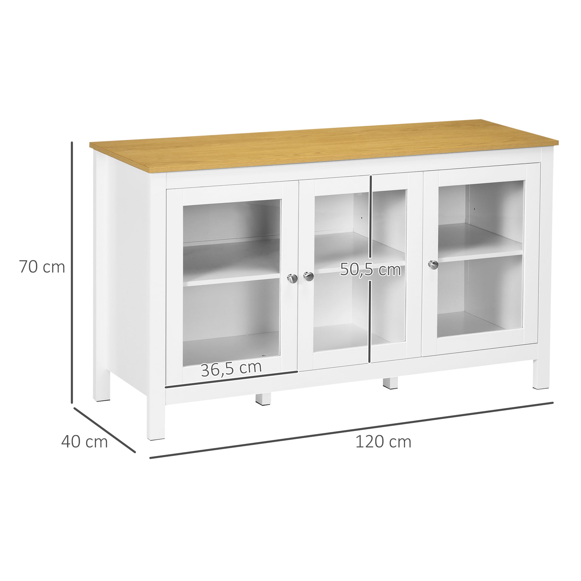 Buffet storage cabinet with 3 glass doors 2 adjustable shelves light wood effect top - 120 x 40 x 70 cm white