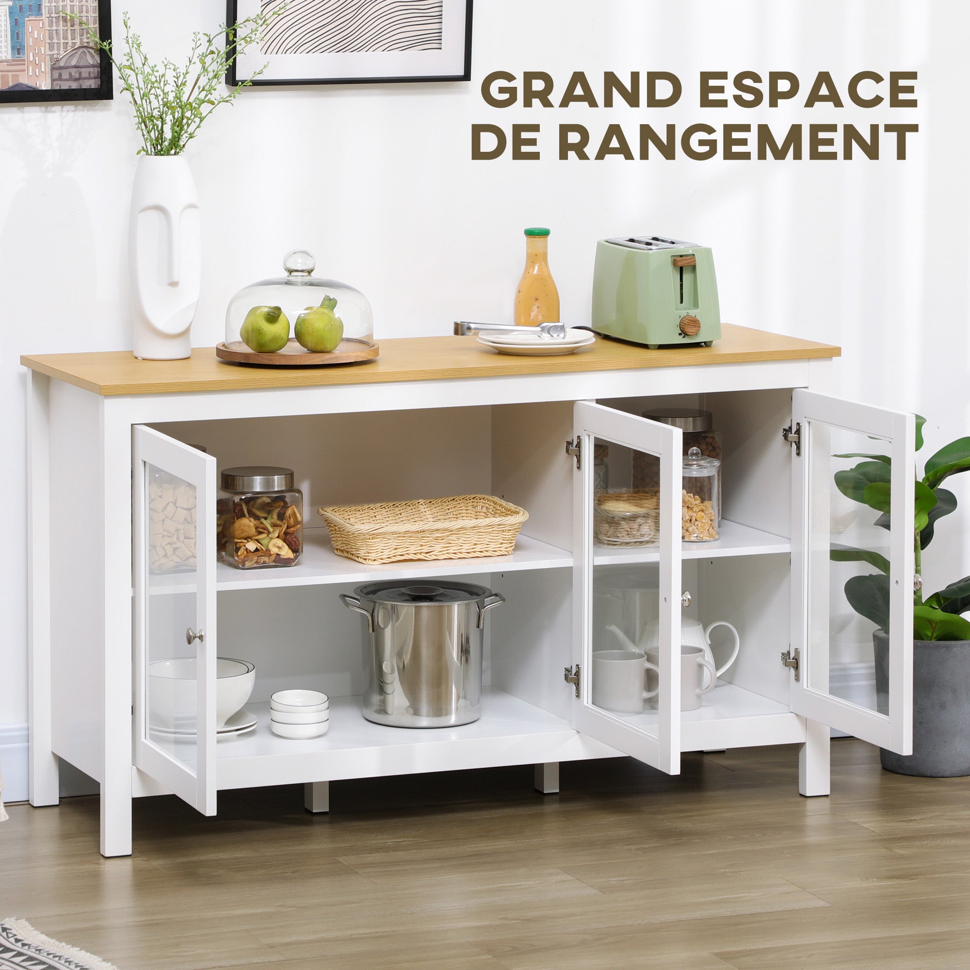 Buffet storage cabinet with 3 glass doors 2 adjustable shelves light wood effect top - 120 x 40 x 70 cm white