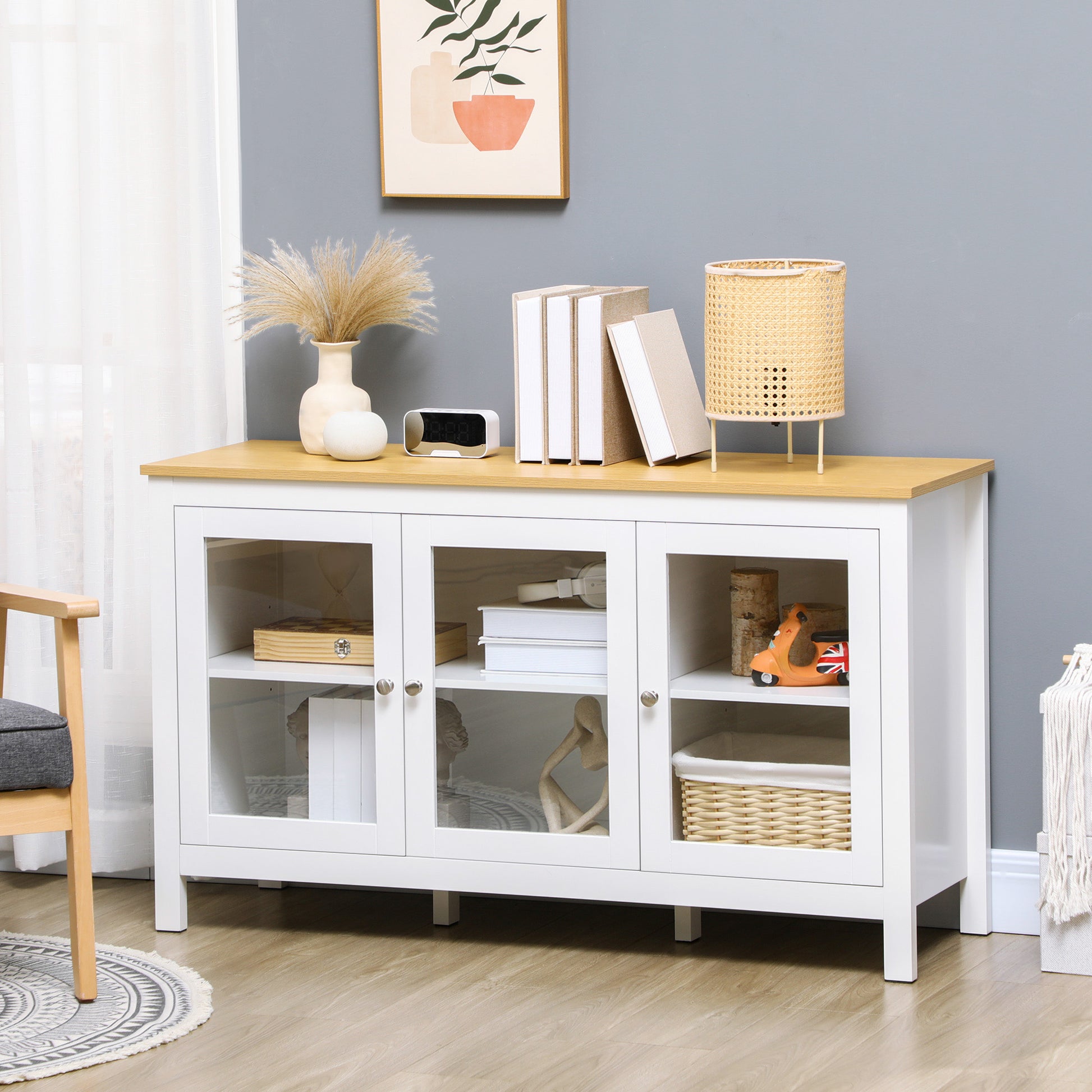 Buffet storage cabinet with 3 glass doors 2 adjustable shelves light wood effect top - 120 x 40 x 70 cm white