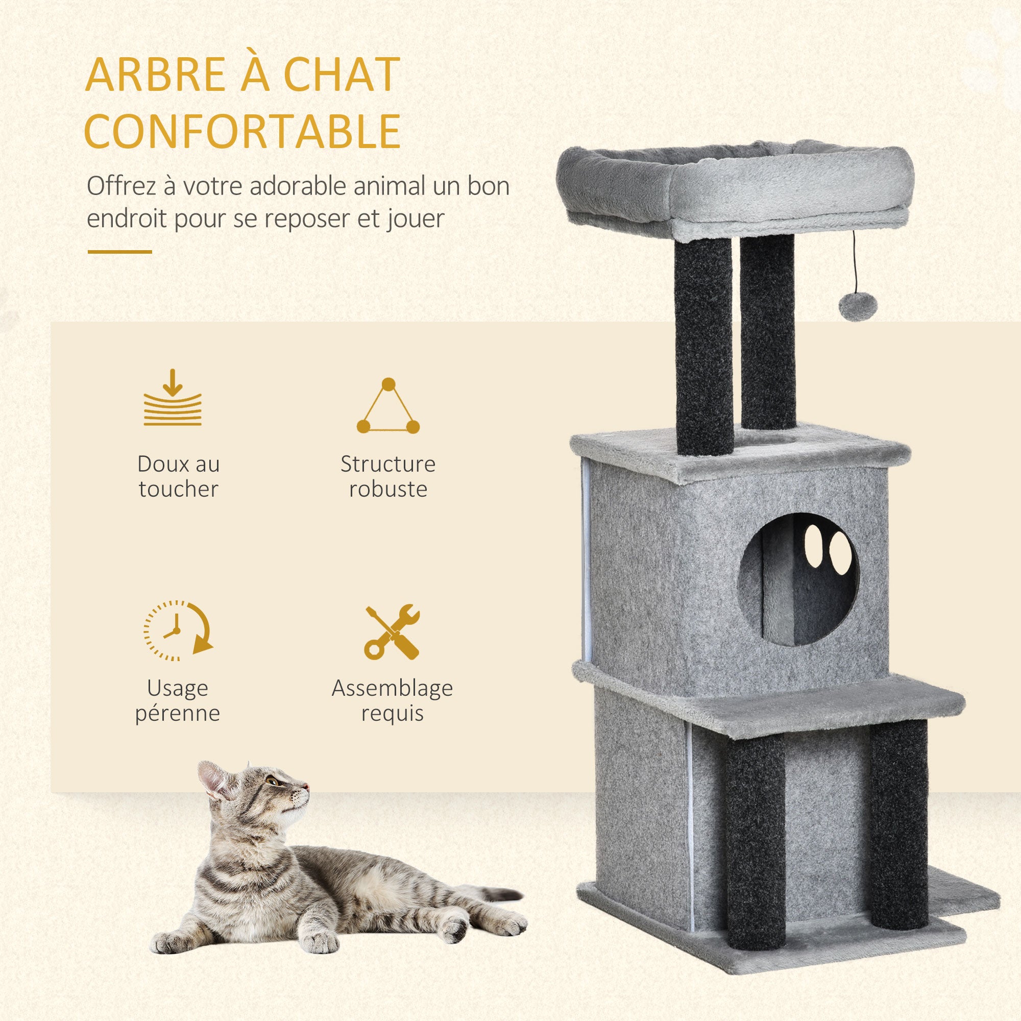 Cozy Chic Design Multi-Equipment Cat Tree Activity Center with Niches Platforms Bedplay Ball Removable Washable Felt Short Plush Particle Board Panels 48 x 48 x 100 cm Gray