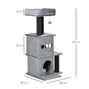 Cozy Chic Design Multi-Equipment Cat Tree Activity Center with Niches Platforms Bedplay Ball Removable Washable Felt Short Plush Particle Board Panels 48 x 48 x 100 cm Gray