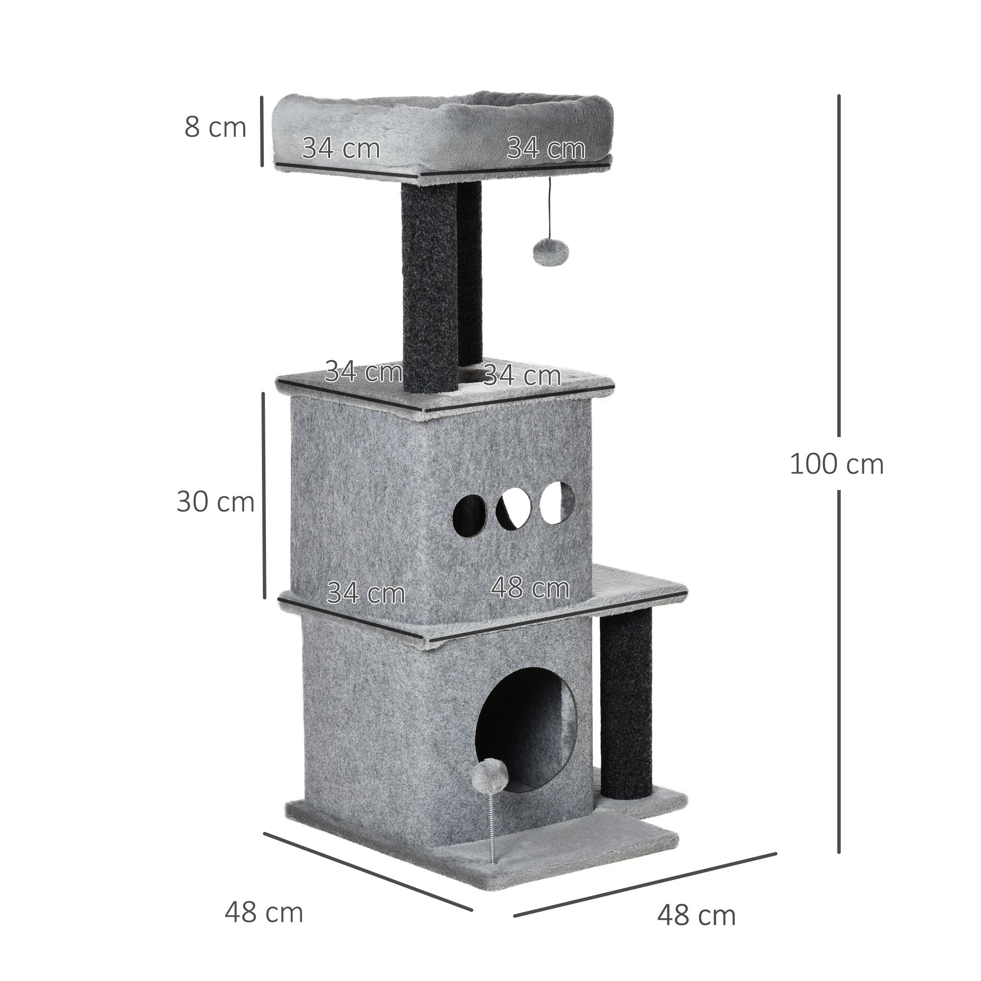 Cozy Chic Design Multi-Equipment Cat Tree Activity Center with Niches Platforms Bedplay Ball Removable Washable Felt Short Plush Particle Board Panels 48 x 48 x 100 cm Gray
