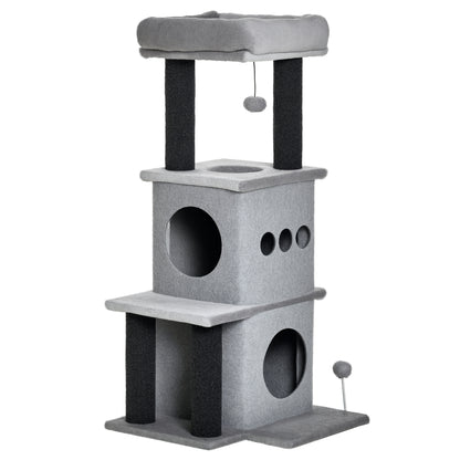 Cozy Chic Design Multi-Equipment Cat Tree Activity Center with Niches Platforms Bedplay Ball Removable Washable Felt Short Plush Particle Board Panels 48 x 48 x 100 cm Gray