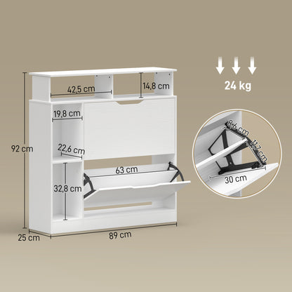 Narrow Shoe Cabinet with 2 Flip Drawers, Open Compartments & Adjustable Shelf, for Hallway & Entry, 35 x 9.8 x 36.2 in, White