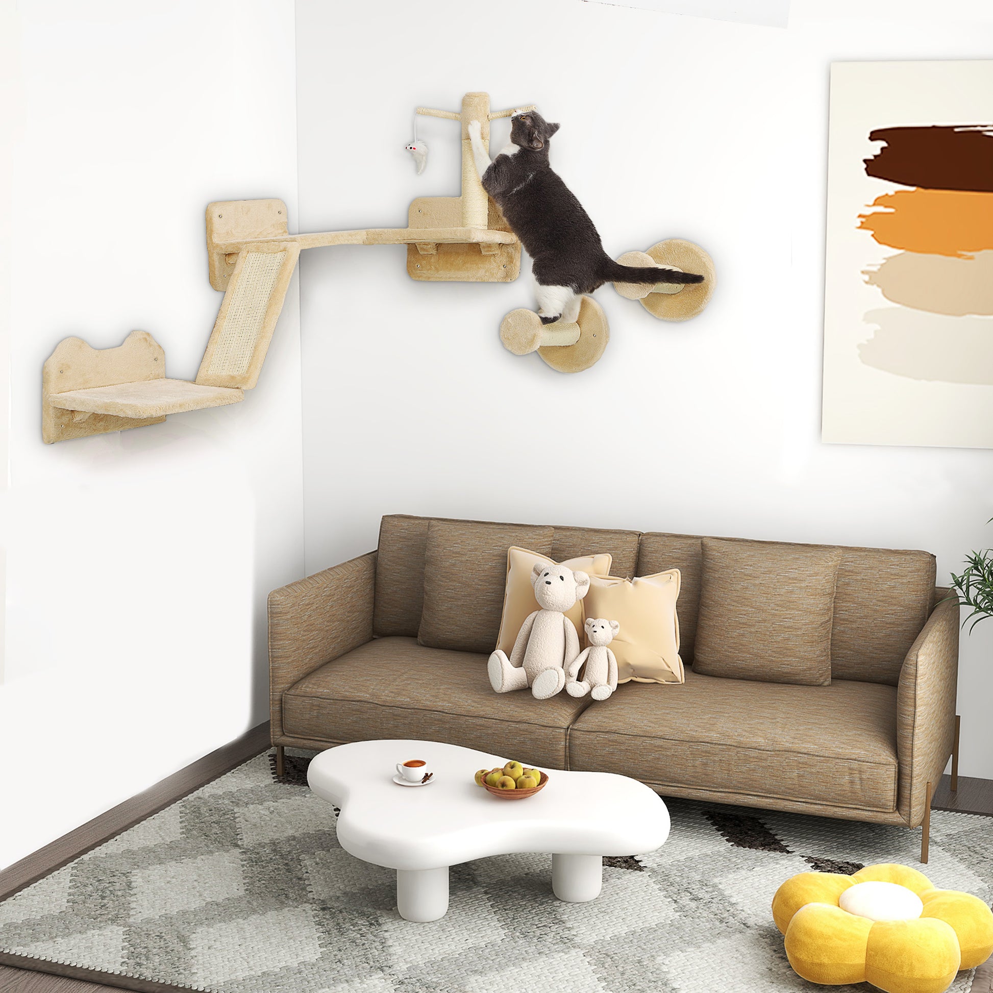 Cat Climbing Wall Set, 3-Piece Cat Furniture with Scratching Board, Jumping Platforms, Scratching Post, Play Ball, for Cats up to 5 kg, Sisal, Beige