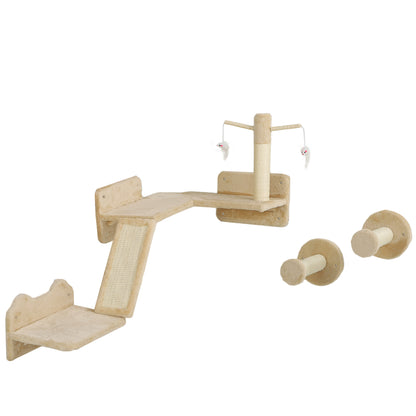 Cat Climbing Wall Set, 3-Piece Cat Furniture with Scratching Board, Jumping Platforms, Scratching Post, Play Ball, for Cats up to 5 kg, Sisal, Beige