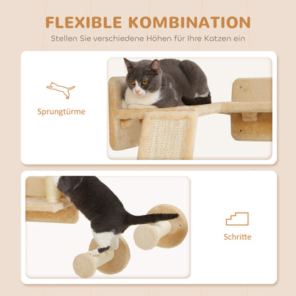 Cat Climbing Wall Set, 3-Piece Cat Furniture with Scratching Board, Jumping Platforms, Scratching Post, Play Ball, for Cats up to 5 kg, Sisal, Beige