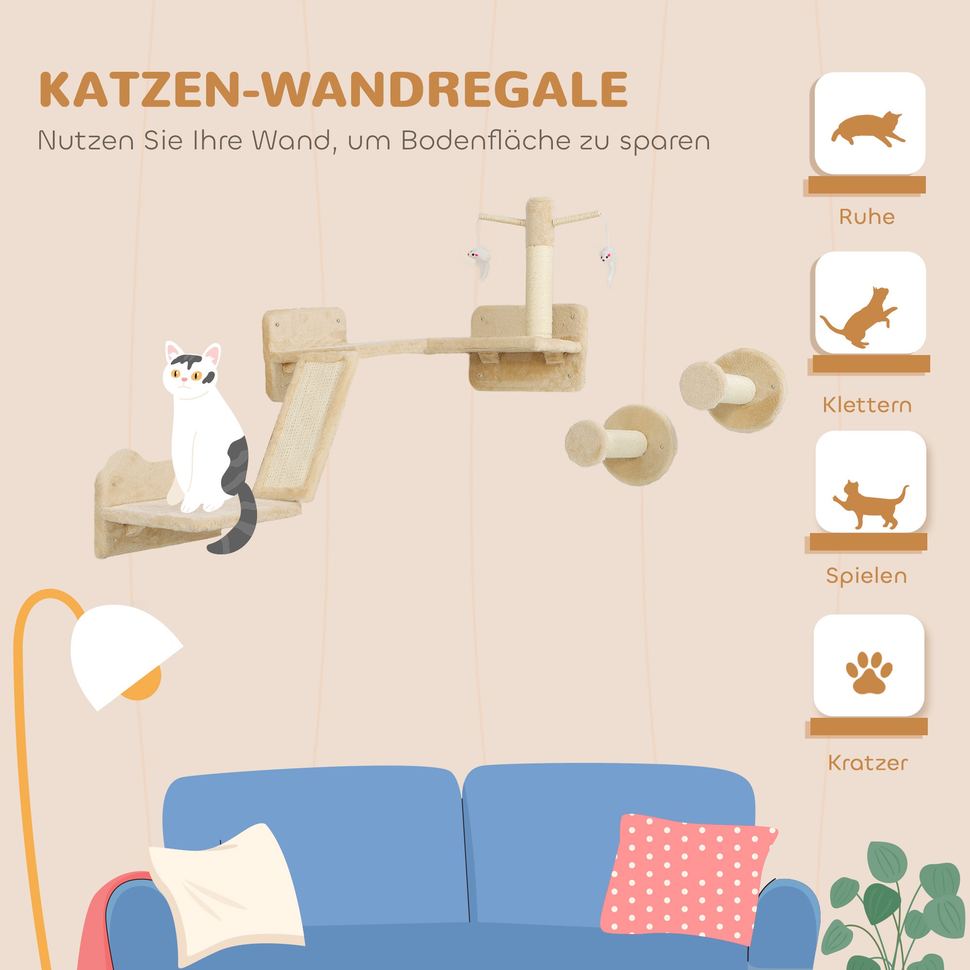 Cat Climbing Wall Set, 3-Piece Cat Furniture with Scratching Board, Jumping Platforms, Scratching Post, Play Ball, for Cats up to 5 kg, Sisal, Beige