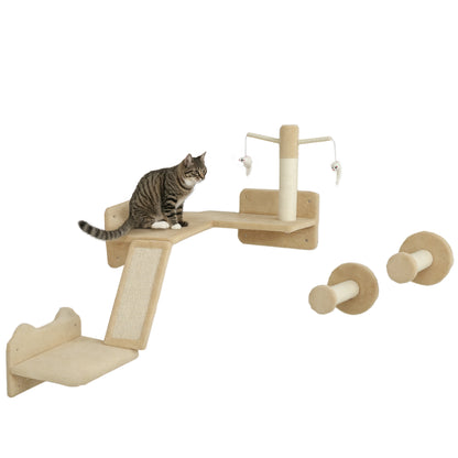 Cat Climbing Wall Set, 3-Piece Cat Furniture with Scratching Board, Jumping Platforms, Scratching Post, Play Ball, for Cats up to 5 kg, Sisal, Beige