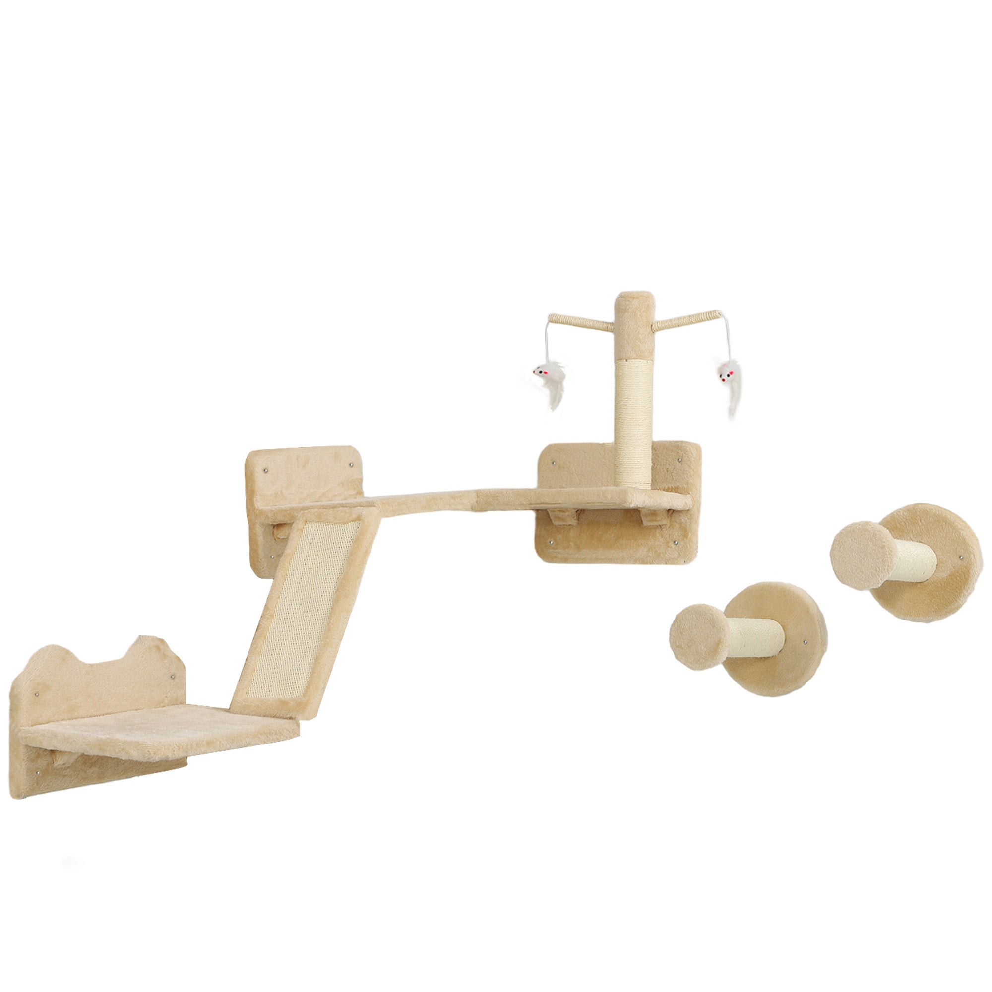 Cat Climbing Wall Set, 3-Piece Cat Furniture with Scratching Board, Jumping Platforms, Scratching Post, Play Ball, for Cats up to 5 kg, Sisal, Beige