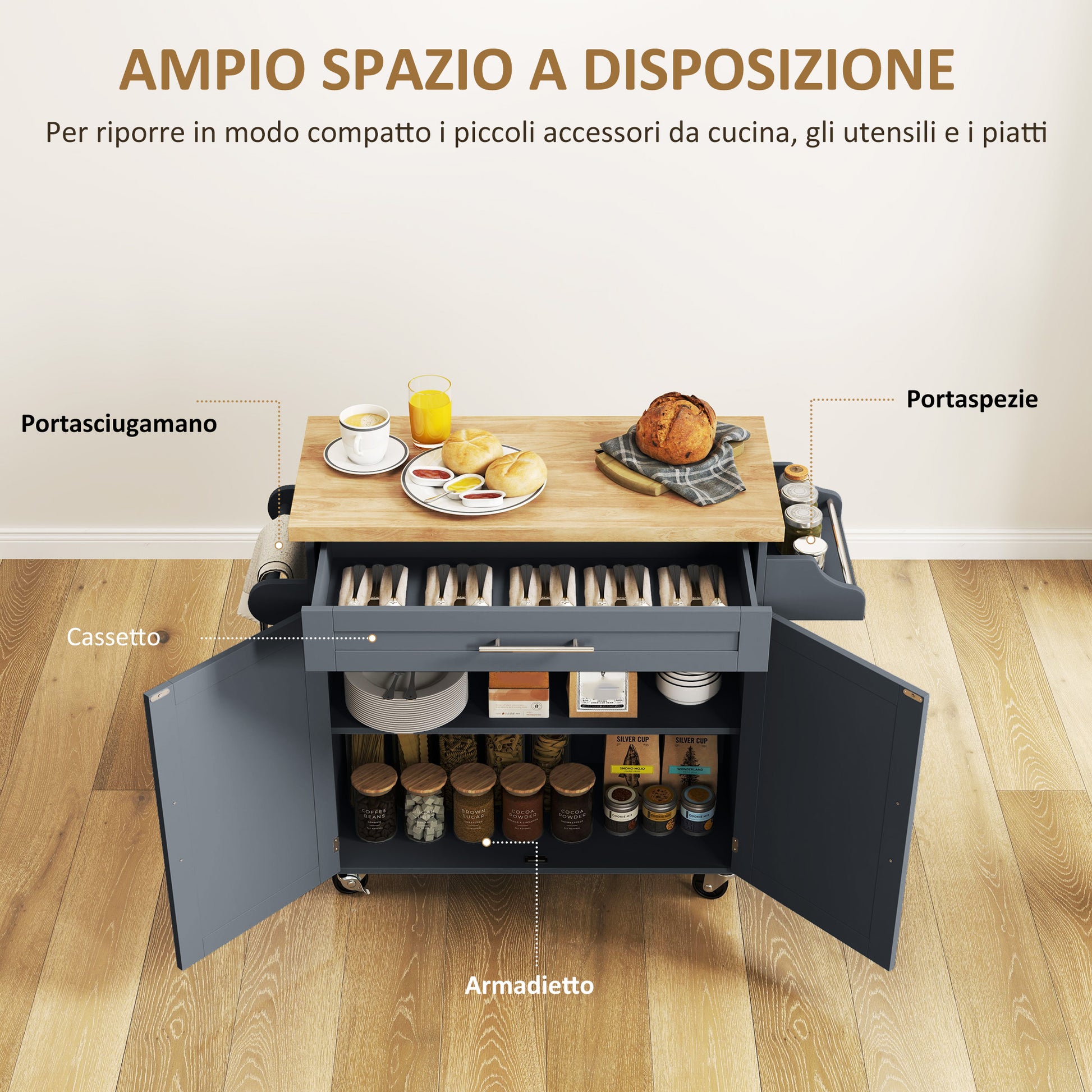 Multi-Purpose Kitchen Trolley with Drawer, Wheels, Spice Rack, Cabinet, Kitchen Cabinet with Adjustable Shelf, Towel Rail, and Rubber Wood Top, 109x40x89 cm, Gray