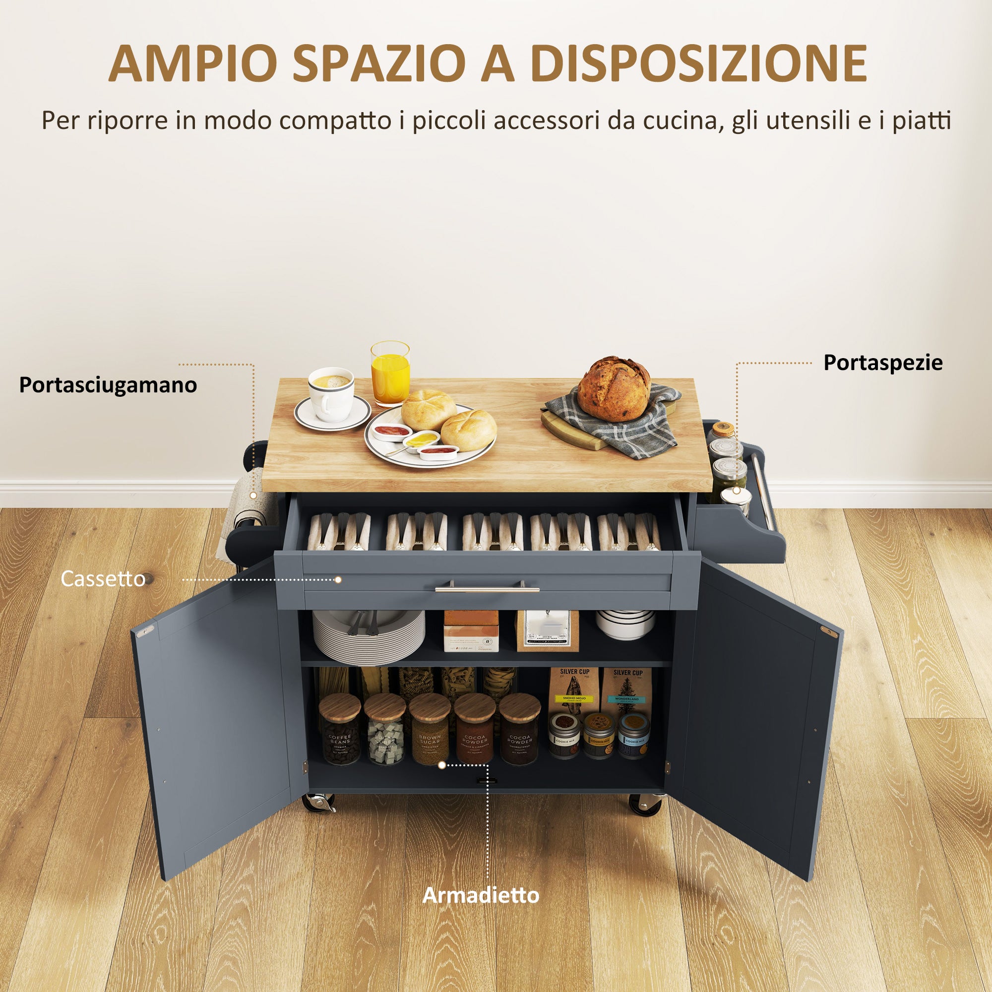 Multi-Purpose Kitchen Trolley with Drawer, Wheels, Spice Rack, Cabinet, Kitchen Cabinet with Adjustable Shelf, Towel Rail, and Rubber Wood Top, 109x40x89 cm, Gray
