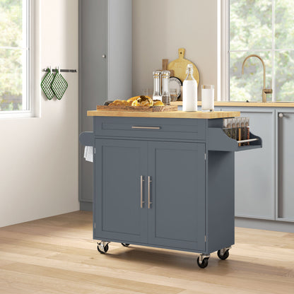 Multi-Purpose Kitchen Trolley with Drawer, Wheels, Spice Rack, Cabinet, Kitchen Cabinet with Adjustable Shelf, Towel Rail, and Rubber Wood Top, 109x40x89 cm, Gray