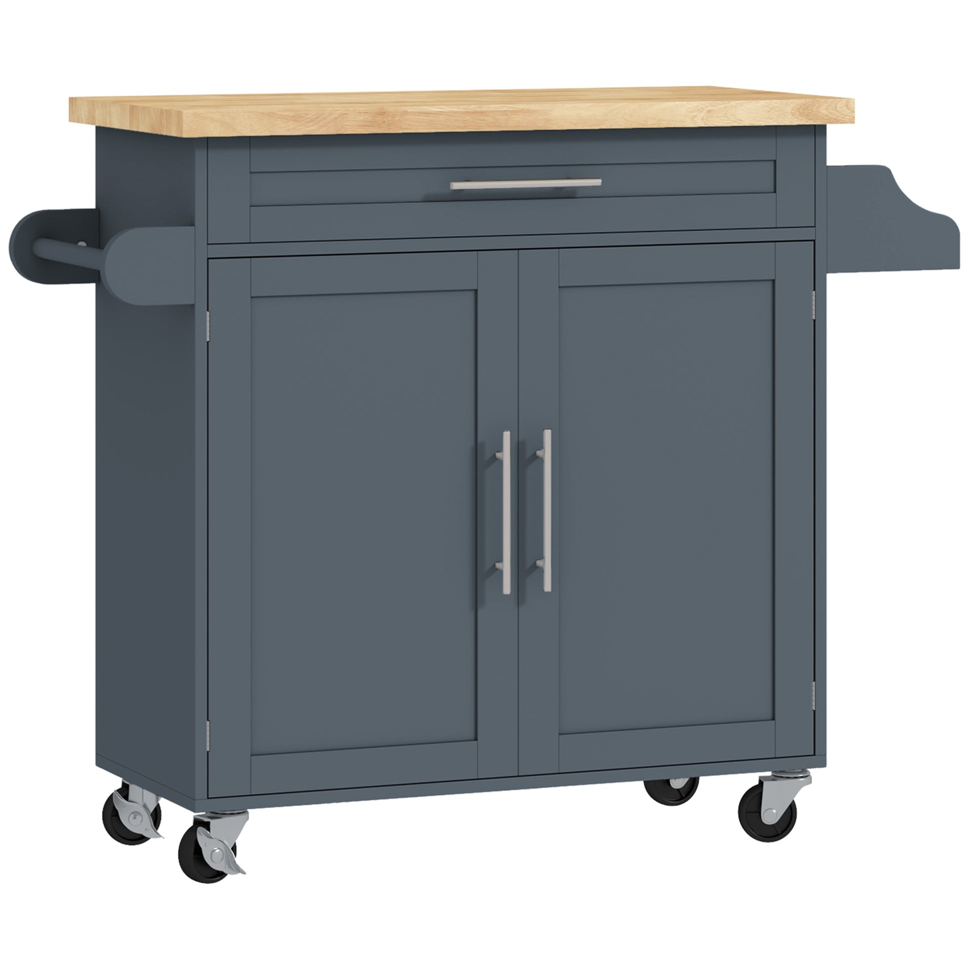 Multi-Purpose Kitchen Trolley with Drawer, Wheels, Spice Rack, Cabinet, Kitchen Cabinet with Adjustable Shelf, Towel Rail, and Rubber Wood Top, 109x40x89 cm, Gray