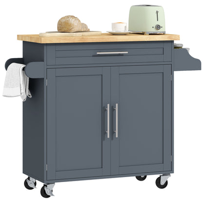 Multi-Purpose Kitchen Trolley with Drawer, Wheels, Spice Rack, Cabinet, Kitchen Cabinet with Adjustable Shelf, Towel Rail, and Rubber Wood Top, 109x40x89 cm, Gray