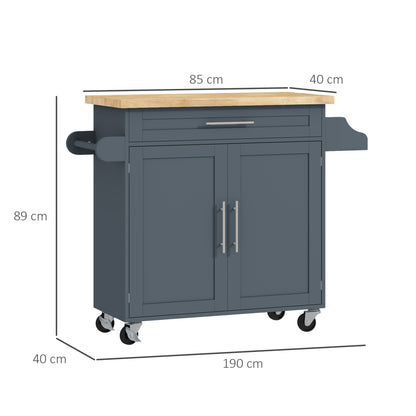 Multi-Purpose Kitchen Trolley with Drawer, Wheels, Spice Rack, Cabinet, Kitchen Cabinet with Adjustable Shelf, Towel Rail, and Rubber Wood Top, 109x40x89 cm, Gray