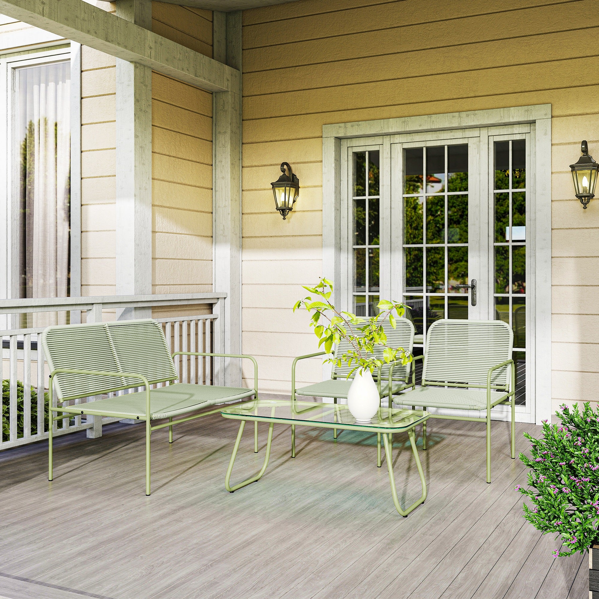 4-Seater Outdoor Rattan Garden Furniture Set with 2-Seater Sofa, 2 Armchairs, Tempered Glass Table, Steel Frame, Garden Furniture for Balcony Terrace, Green