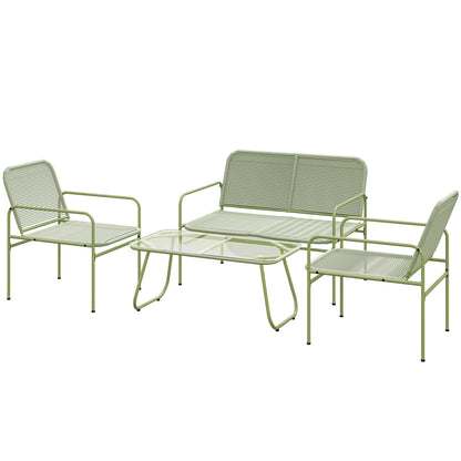 4-Seater Outdoor Rattan Garden Furniture Set with 2-Seater Sofa, 2 Armchairs, Tempered Glass Table, Steel Frame, Garden Furniture for Balcony Terrace, Green