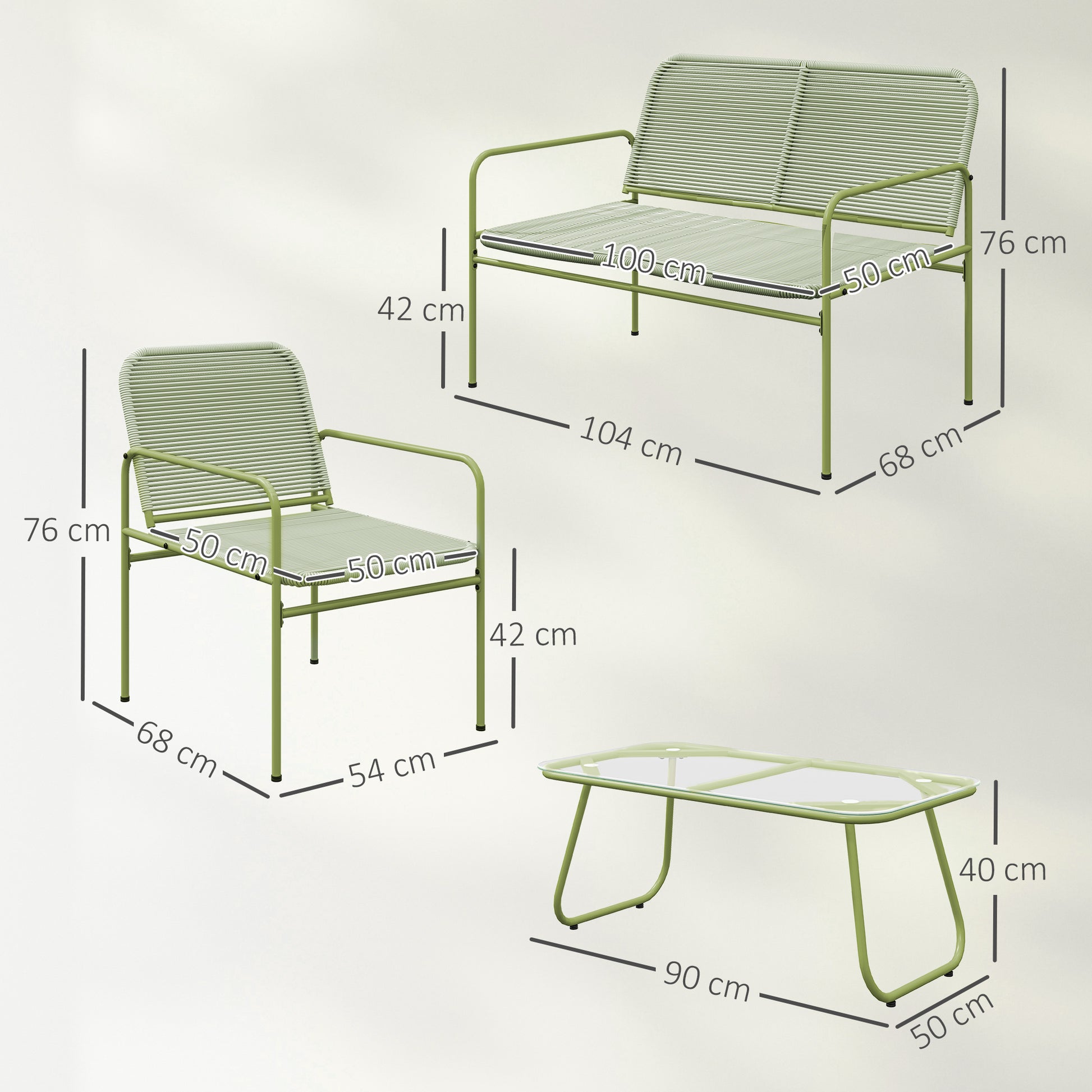 4-Seater Outdoor Rattan Garden Furniture Set with 2-Seater Sofa, 2 Armchairs, Tempered Glass Table, Steel Frame, Garden Furniture for Balcony Terrace, Green