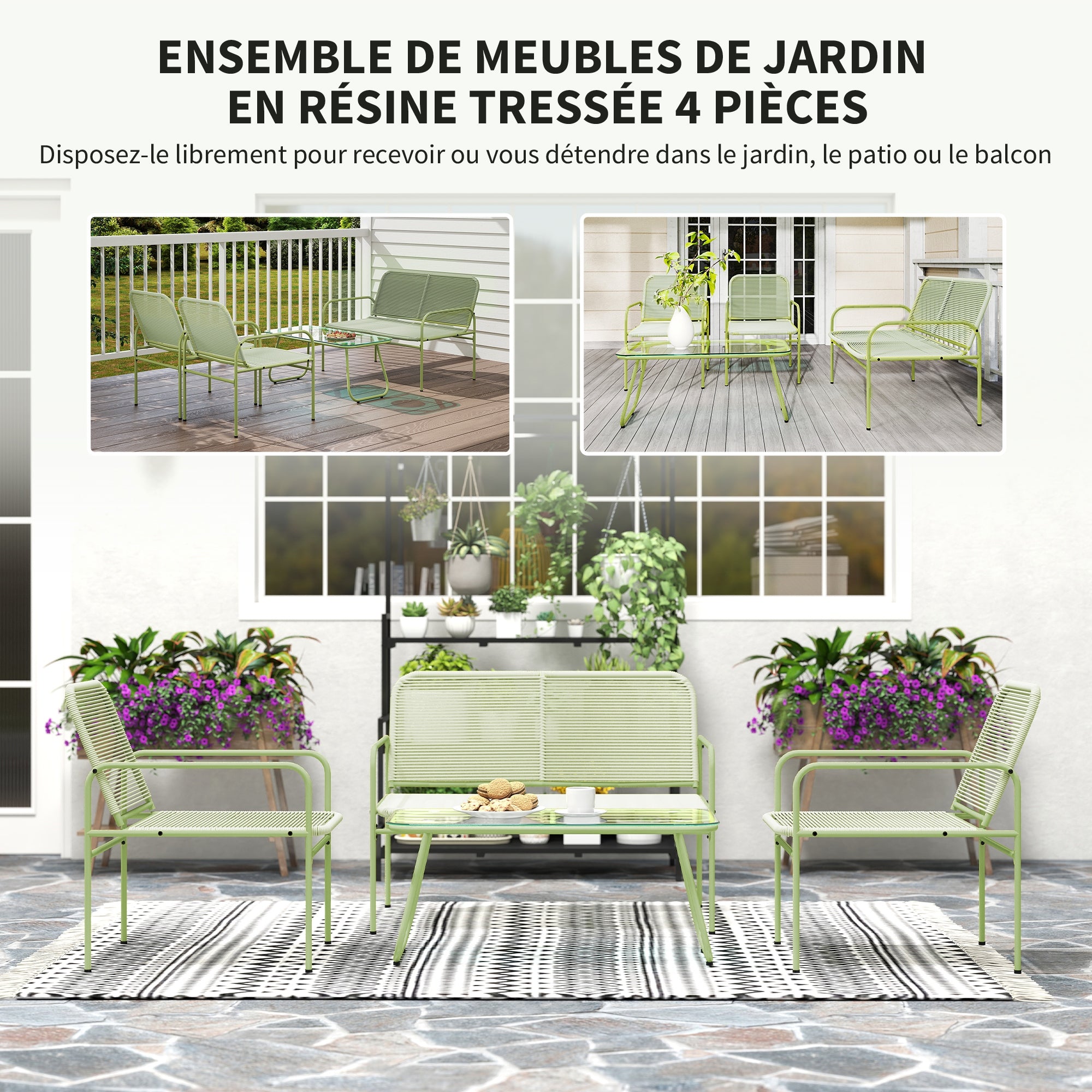 4-Seater Outdoor Rattan Garden Furniture Set with 2-Seater Sofa, 2 Armchairs, Tempered Glass Table, Steel Frame, Garden Furniture for Balcony Terrace, Green