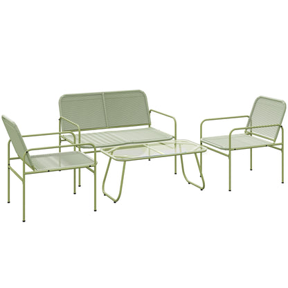 4-Seater Outdoor Rattan Garden Furniture Set with 2-Seater Sofa, 2 Armchairs, Tempered Glass Table, Steel Frame, Garden Furniture for Balcony Terrace, Green